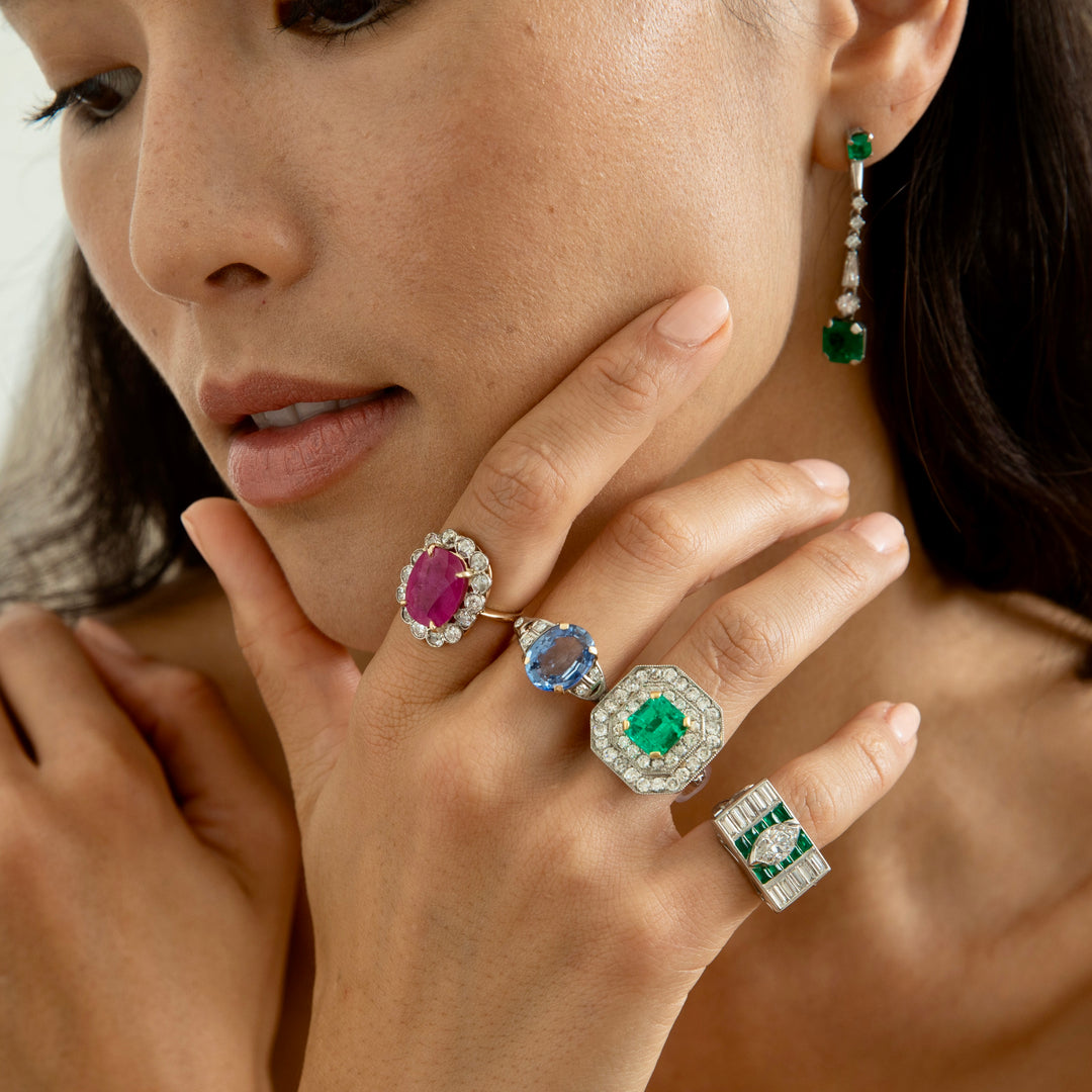 Emerald, Diamond, 18K Gold, and Platinum Octagonal Ring