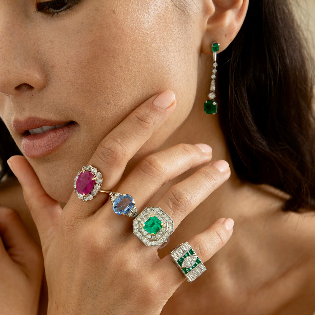 Art Deco Marquise Diamond, Emerald, and Platinum Ring