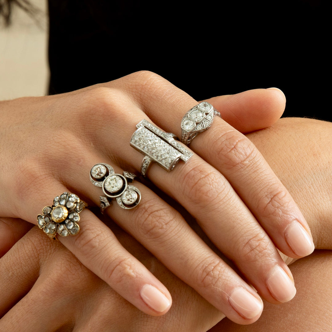 French Art Deco Asymmetrical Diamond and 18K White Gold Ring