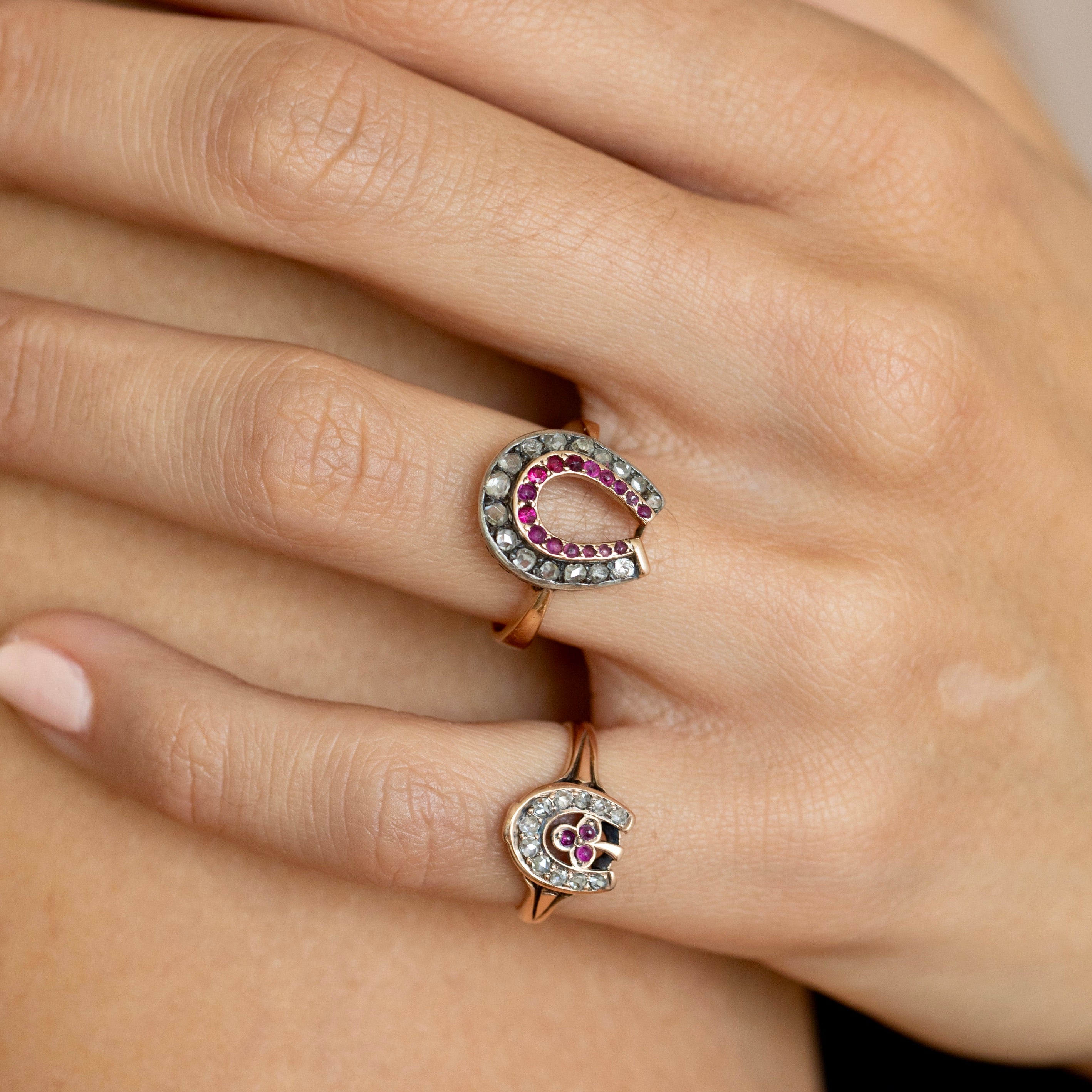 Victorian Diamond, Garnet, and 10K Gold Horseshoe Ring