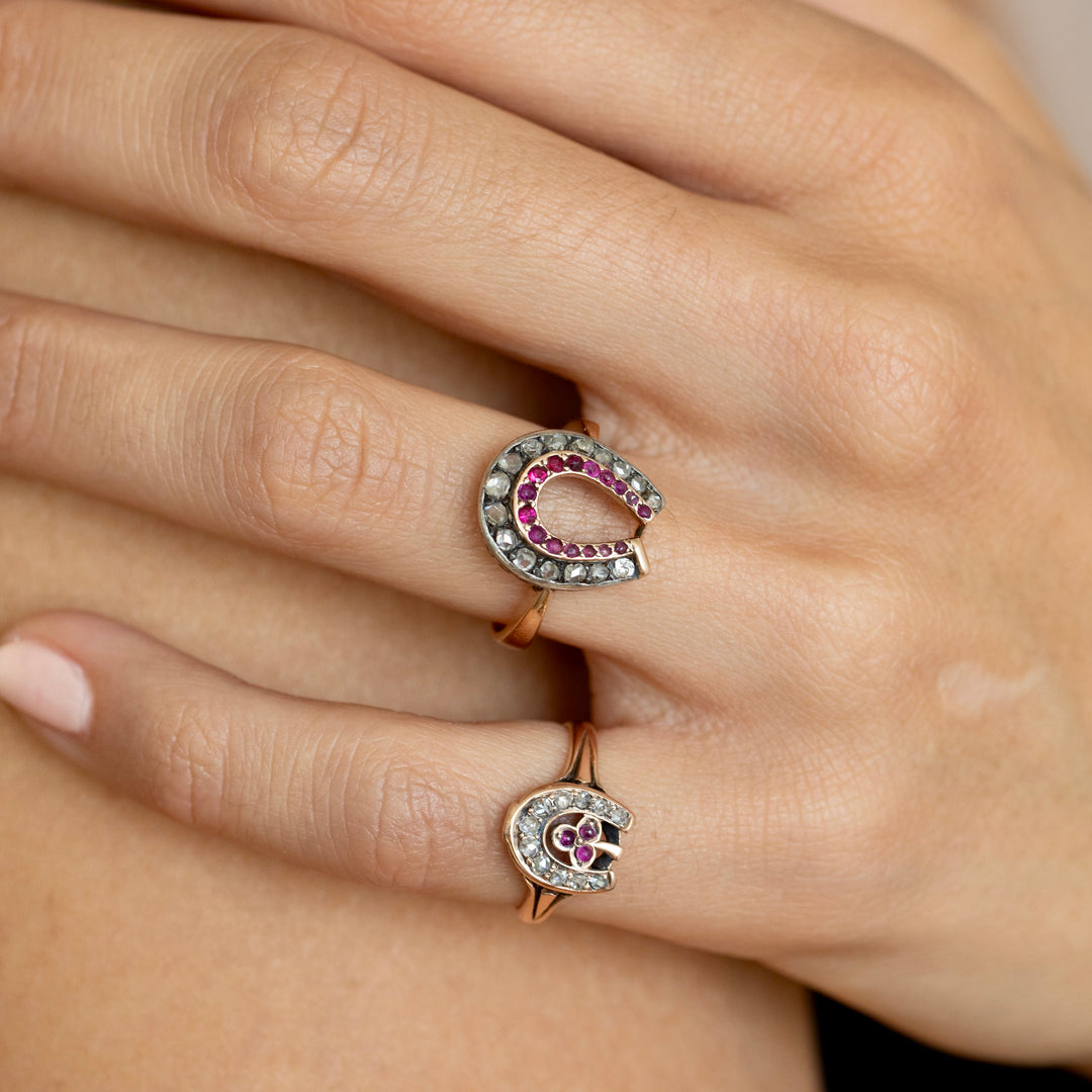 Victorian Diamond, Garnet, and 10K Gold Horseshoe Ring