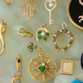 Green Enamel Clover Pearl And 14K Gold Charm