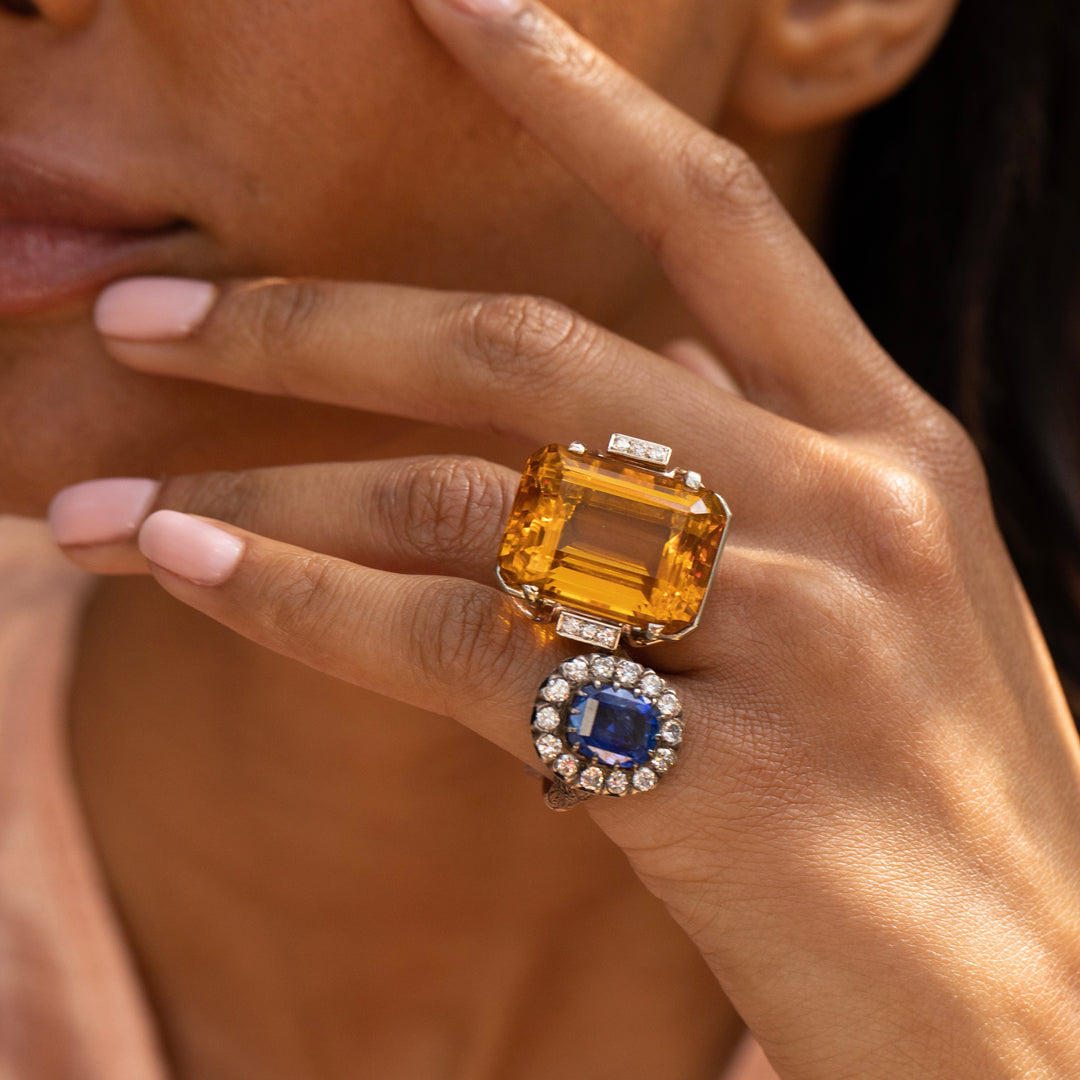 Retro Large Citrine, Diamond, and 14k Gold Cocktail Ring