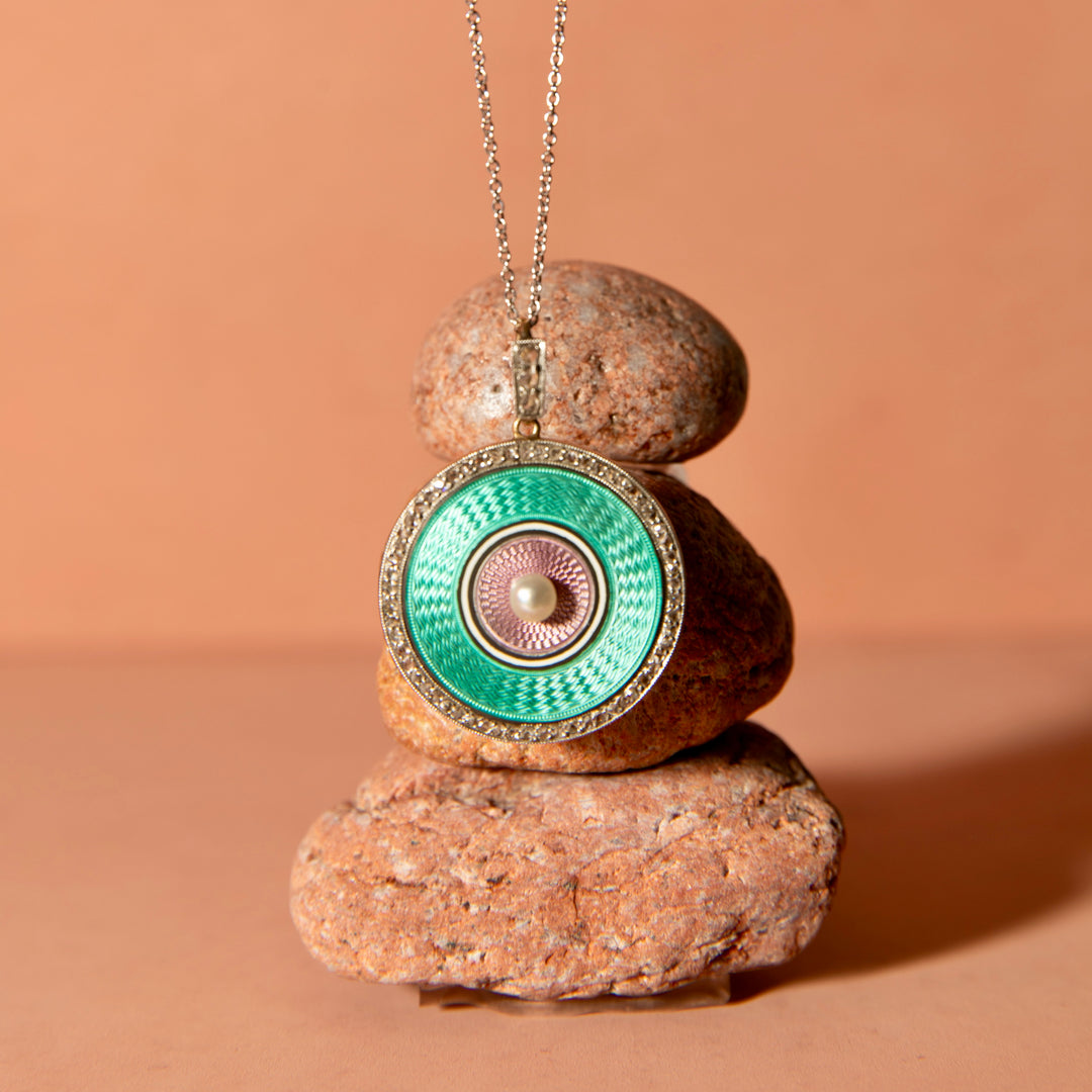 Early 20th Century Guilloche, Diamond, Pearl, Platinum, and 14K Gold Locket