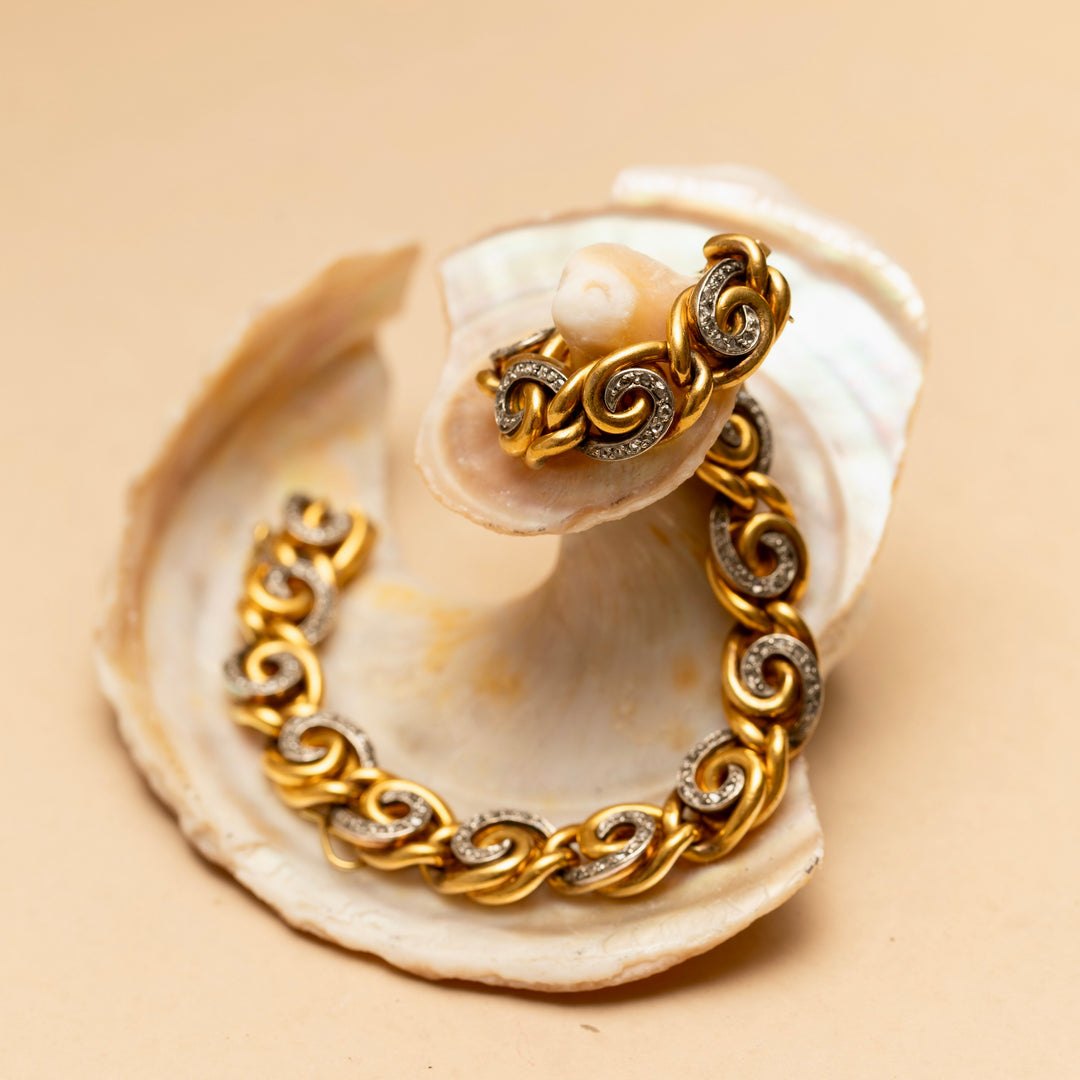 French 18K Gold and Diamond Swirl Link Bracelet