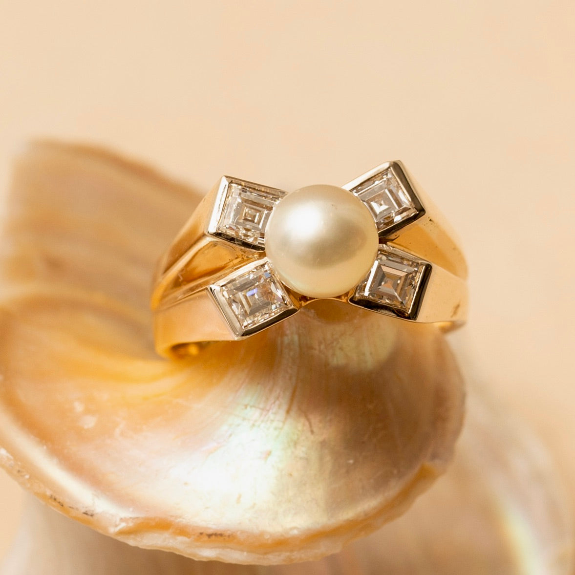Retro Pearl, Diamond, and 14K Gold Ring
