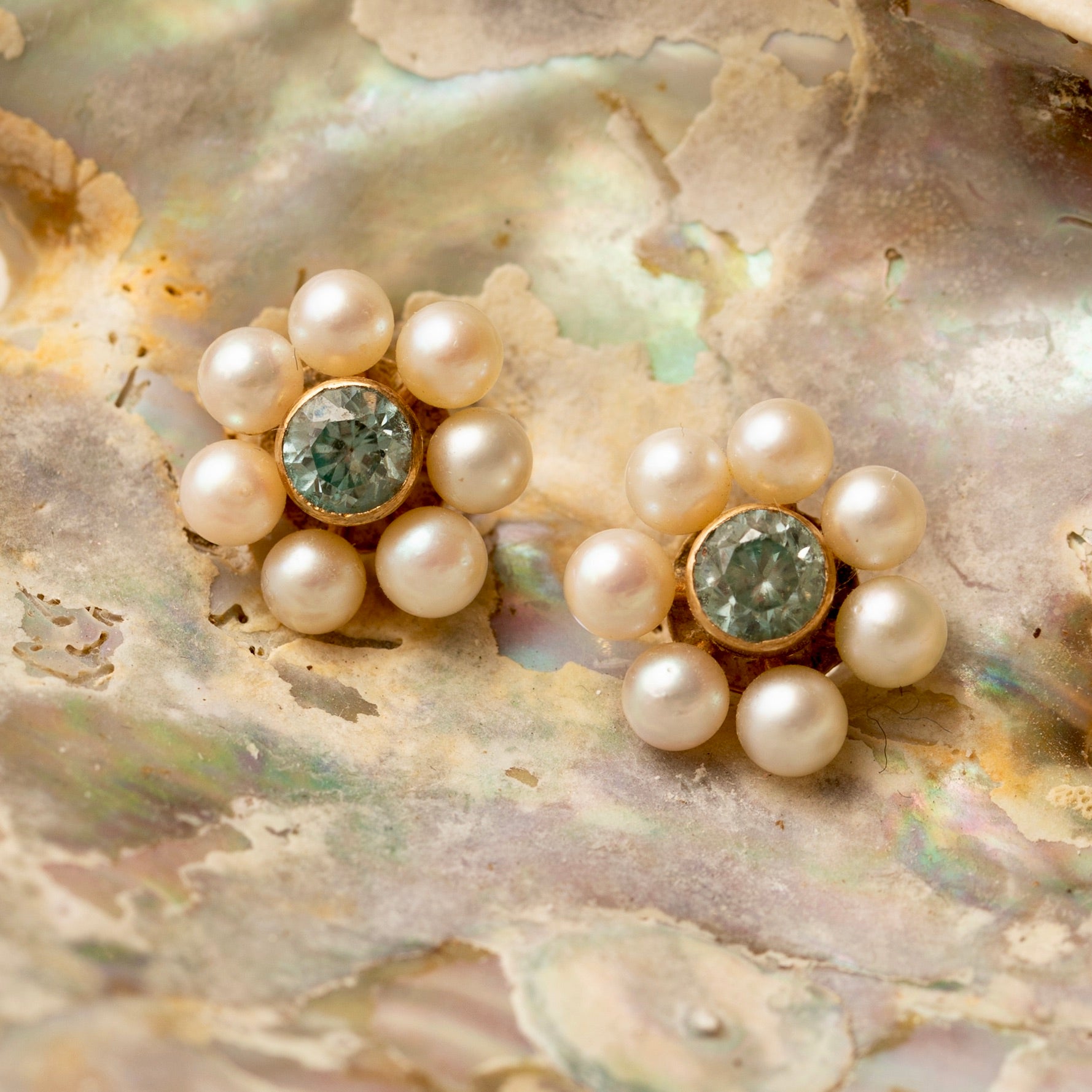 Blue Zircon, Pearl, and 10k Gold Cluster Stud Earrings