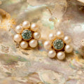 Blue Zircon, Pearl, and 10k Gold Cluster Stud Earrings