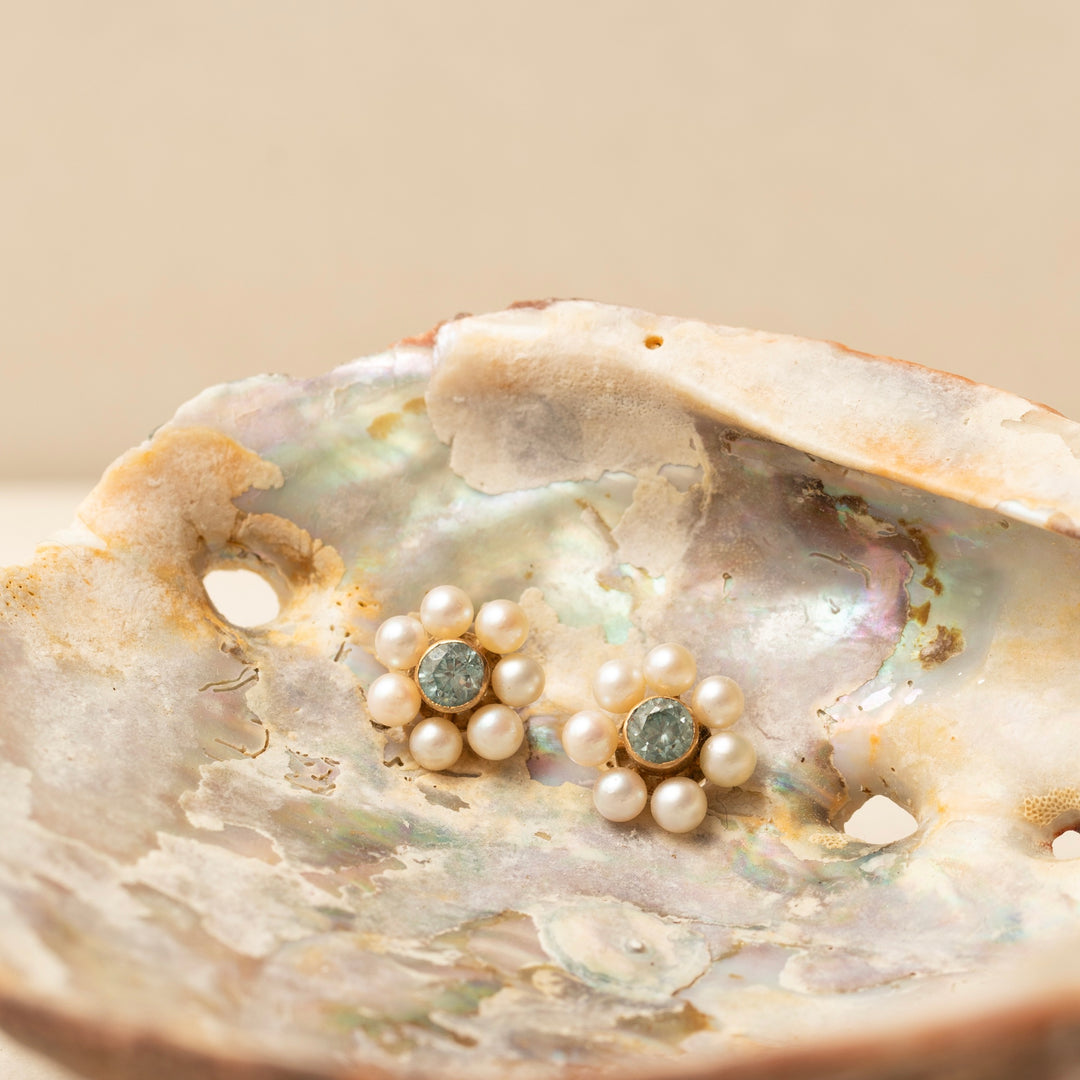 Blue Zircon, Pearl, and 10k Gold Cluster Stud Earrings