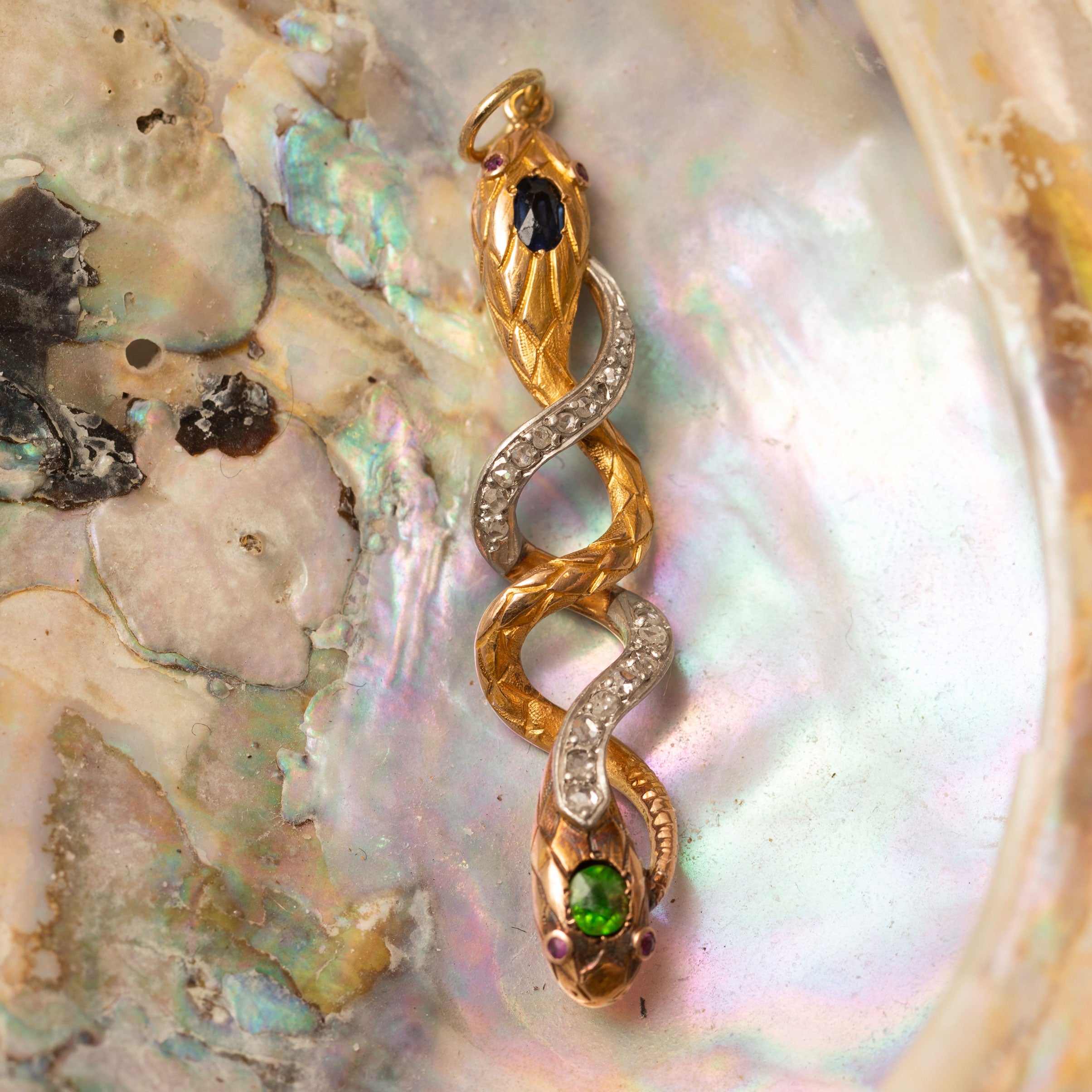 Victorian Snake Sapphire, Demantoid Garnet, Diamond, Ruby, Platinum, And 18K Gold Pendant