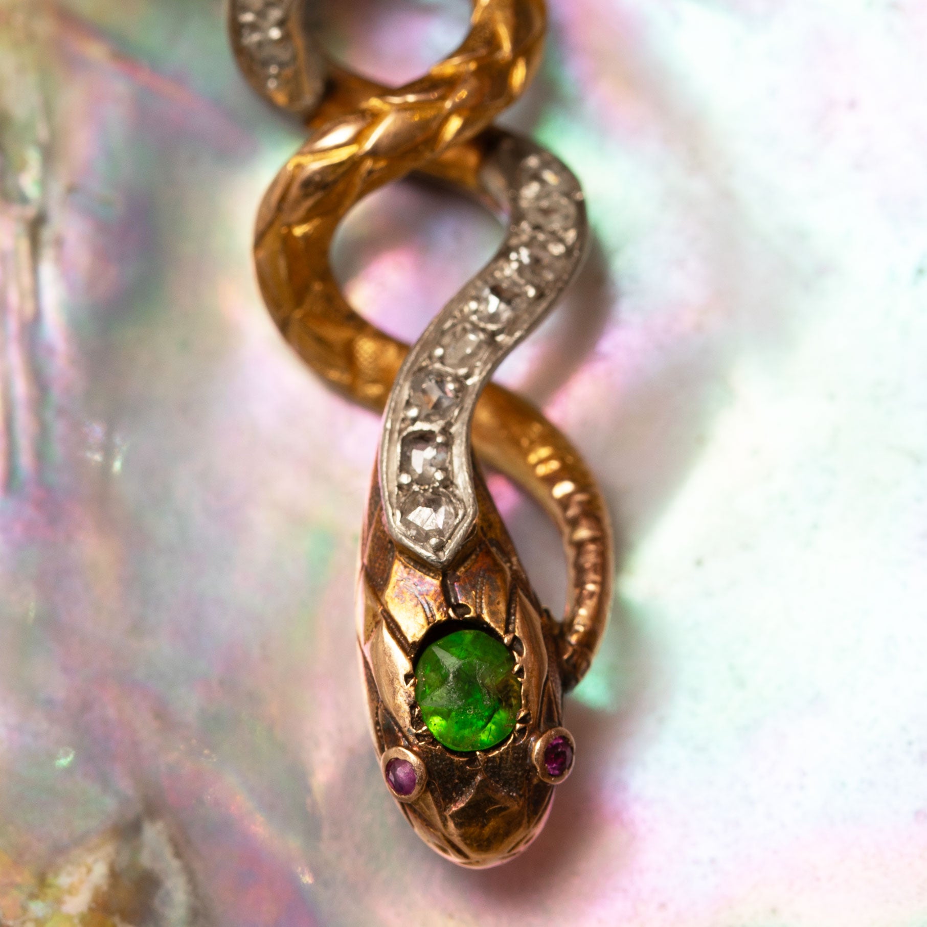 Victorian Snake Sapphire, Demantoid Garnet, Diamond, Ruby, Platinum, And 18K Gold Pendant