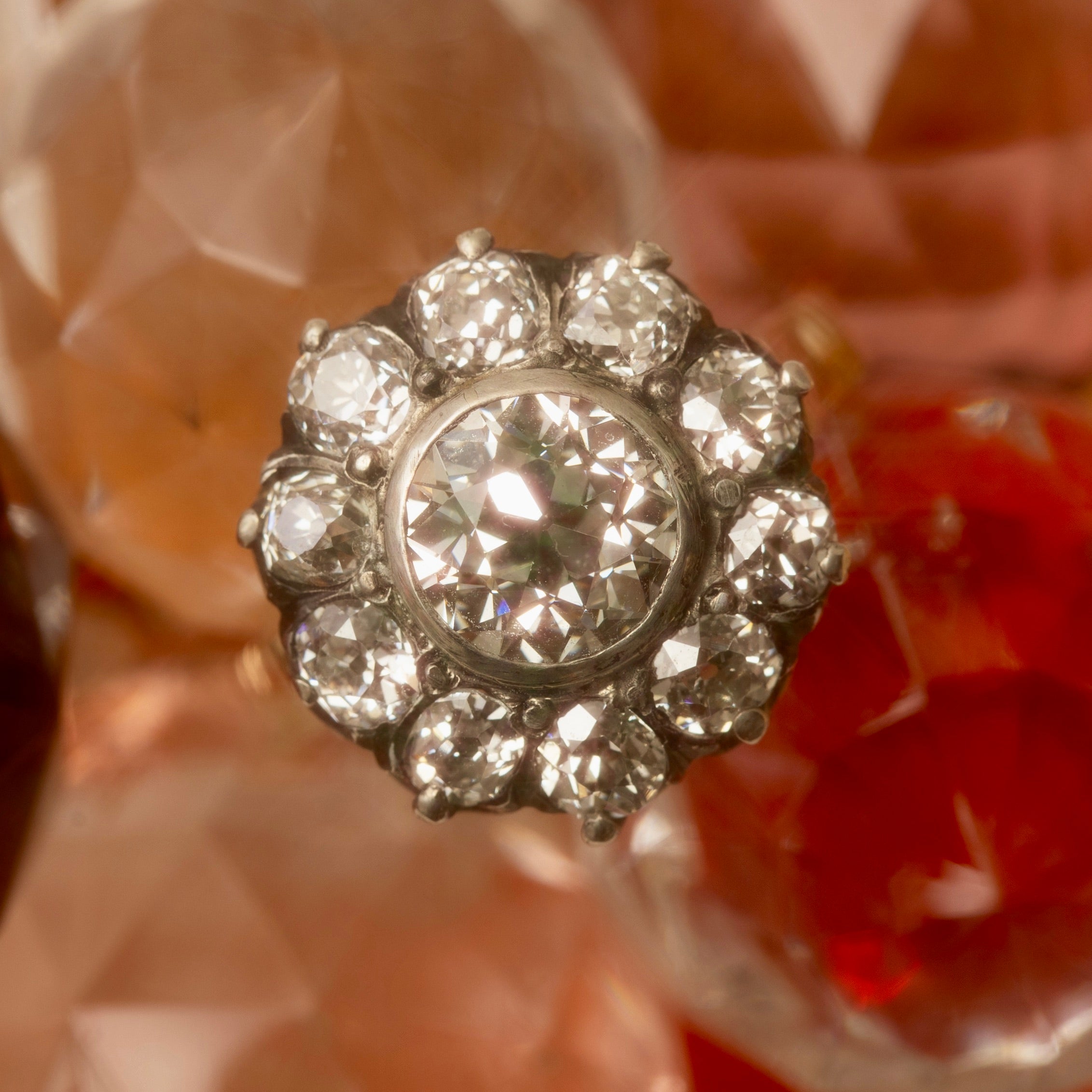 Victorian Old Mine Cut Diamond, 18k Gold, And Silver Cluster Ring
