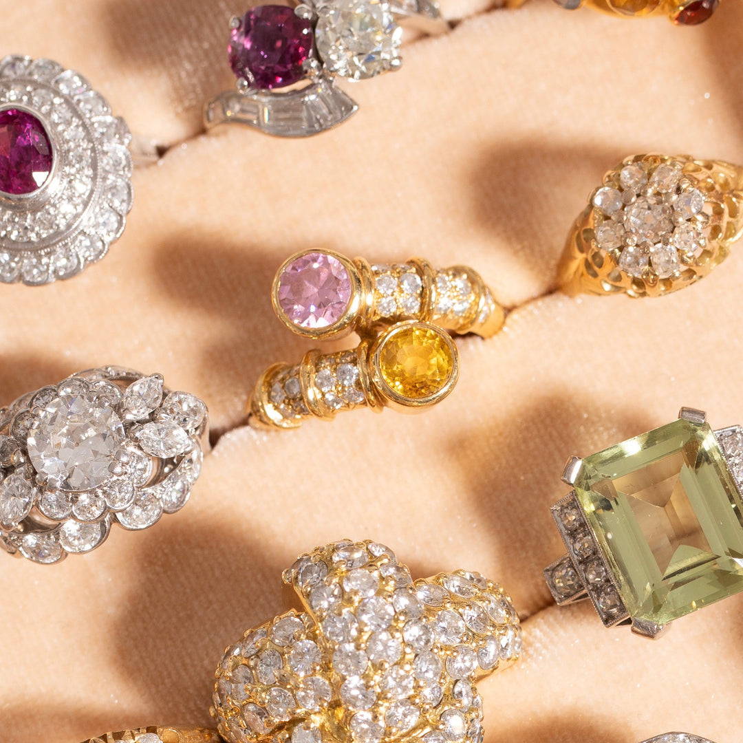 French Pink and Yellow Sapphire, Diamond, and 18k Gold Bypass Ring