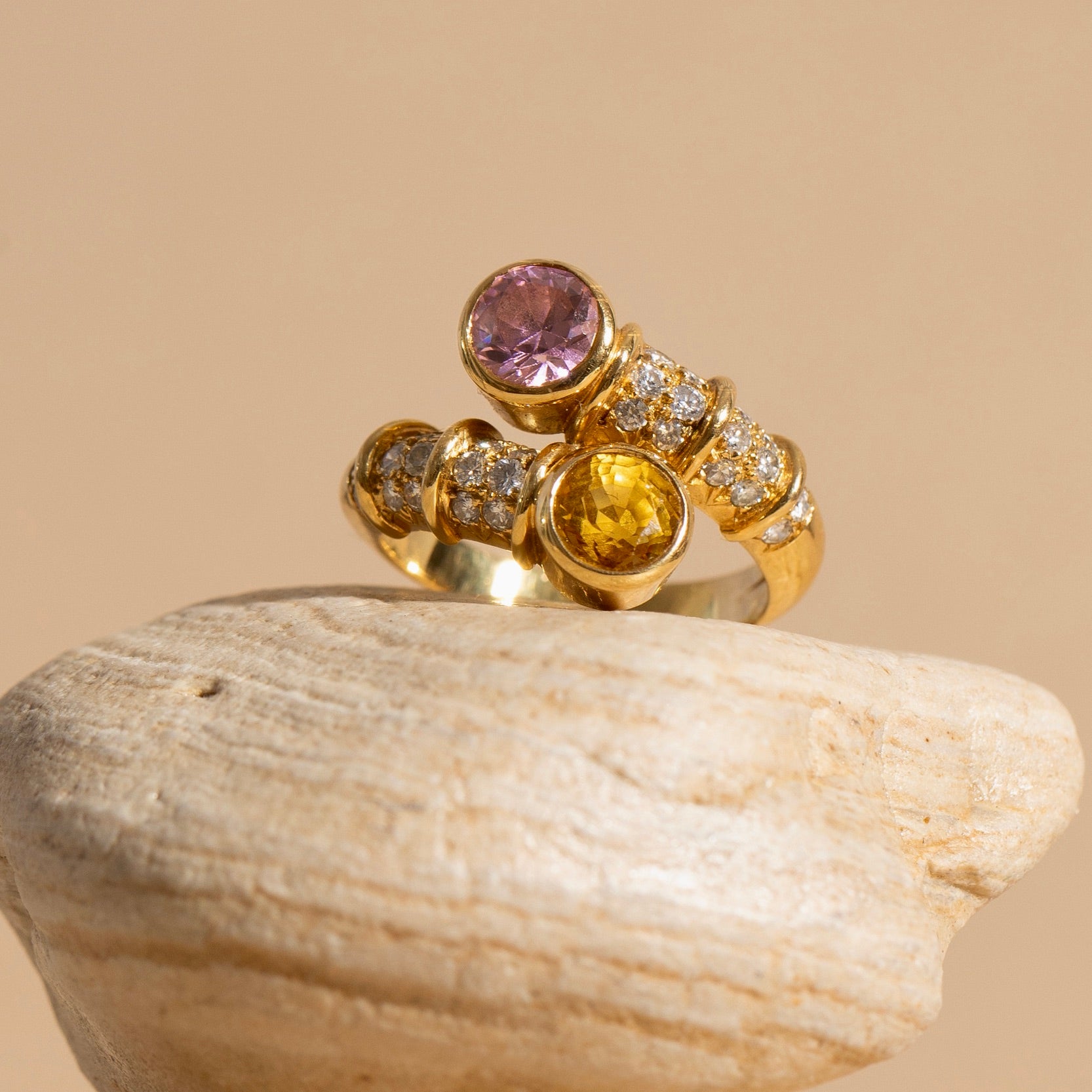 French Pink and Yellow Sapphire, Diamond, and 18k Gold Bypass Ring