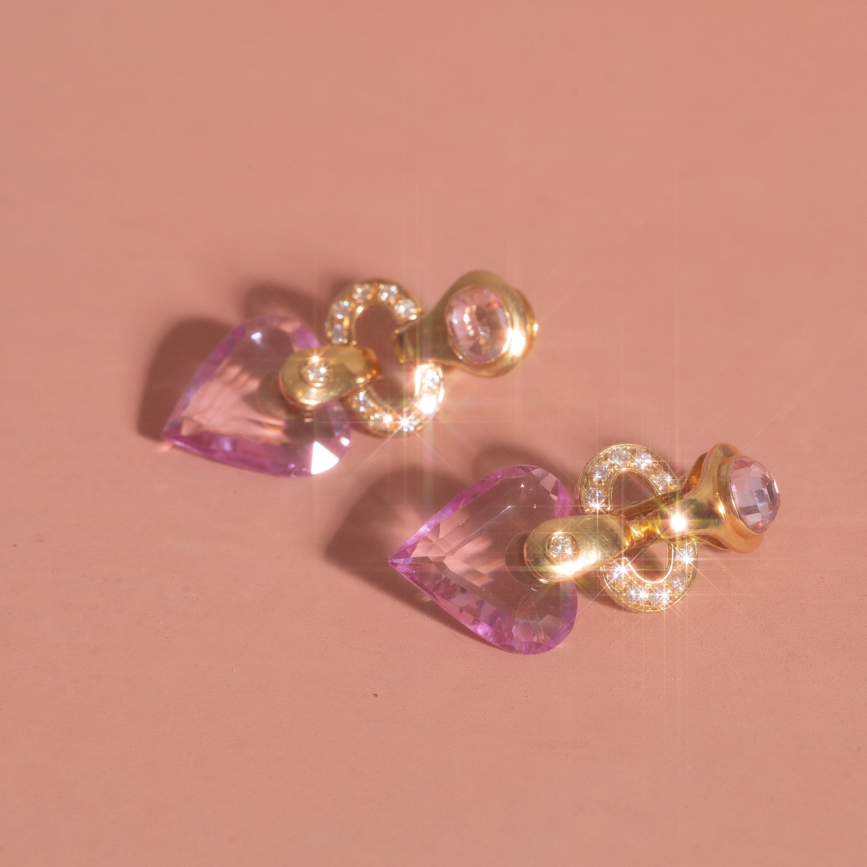 Diamond, Kunzite, and 18k Gold Heart Earrings