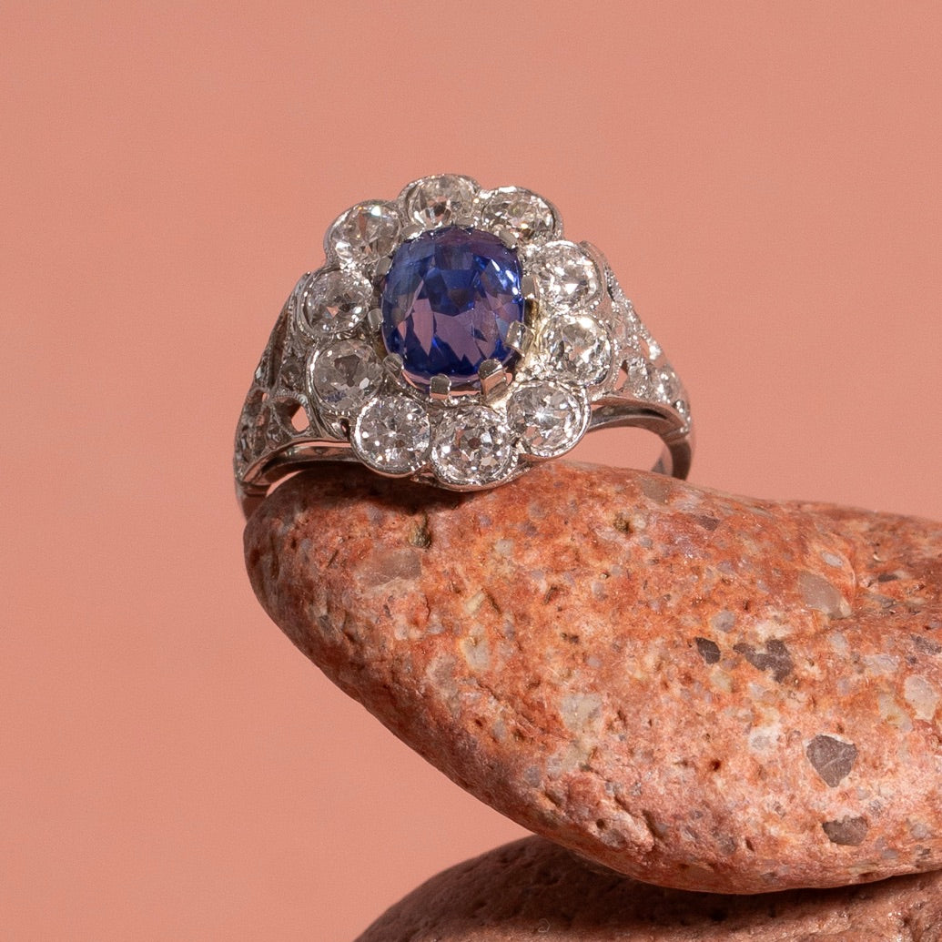 Edwardian Sapphire, Diamond, and Platinum Cluster Ring