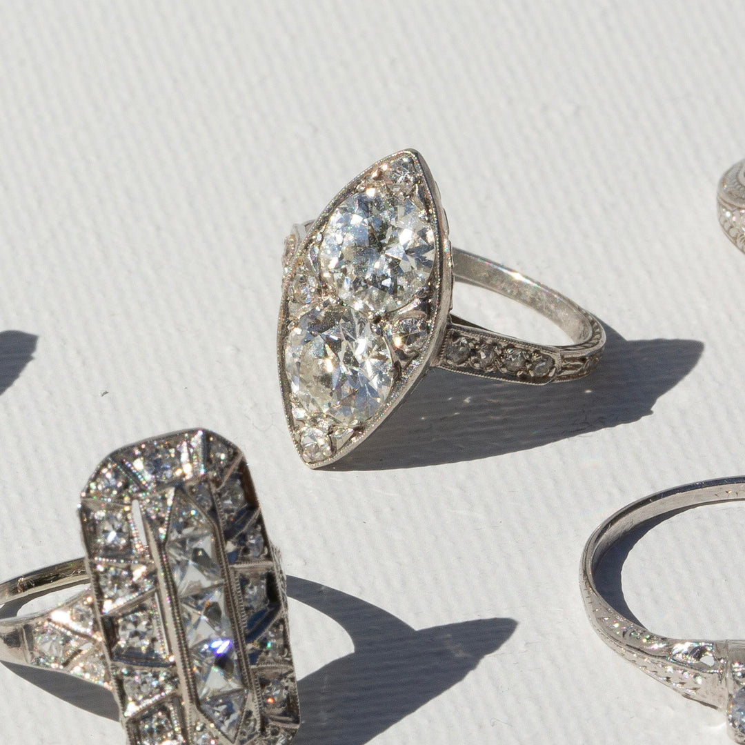 Art Deco Double Diamond and Platinum Navette Ring
