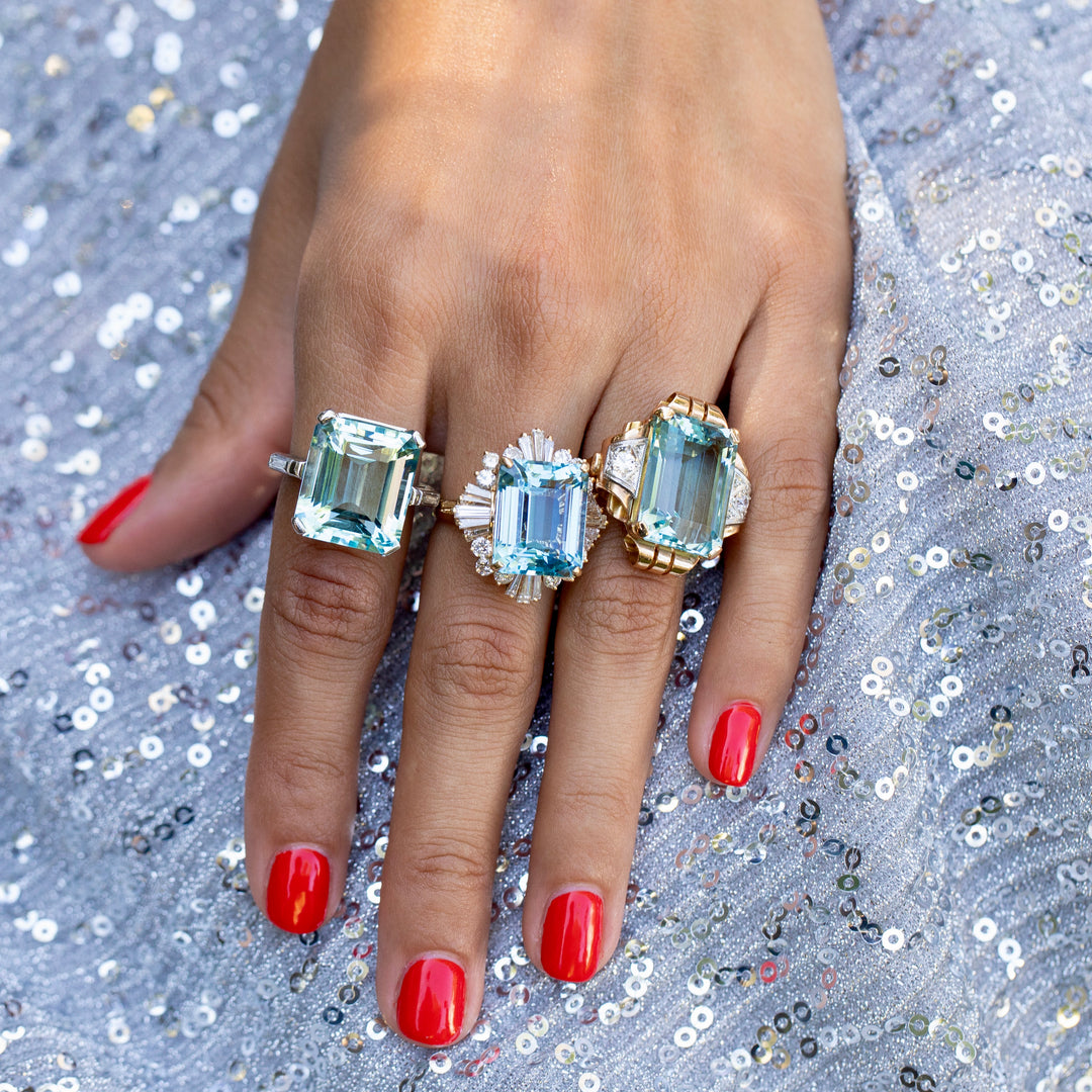 Large Aquamarine, Diamond, and 18K Gold Vintage Ring