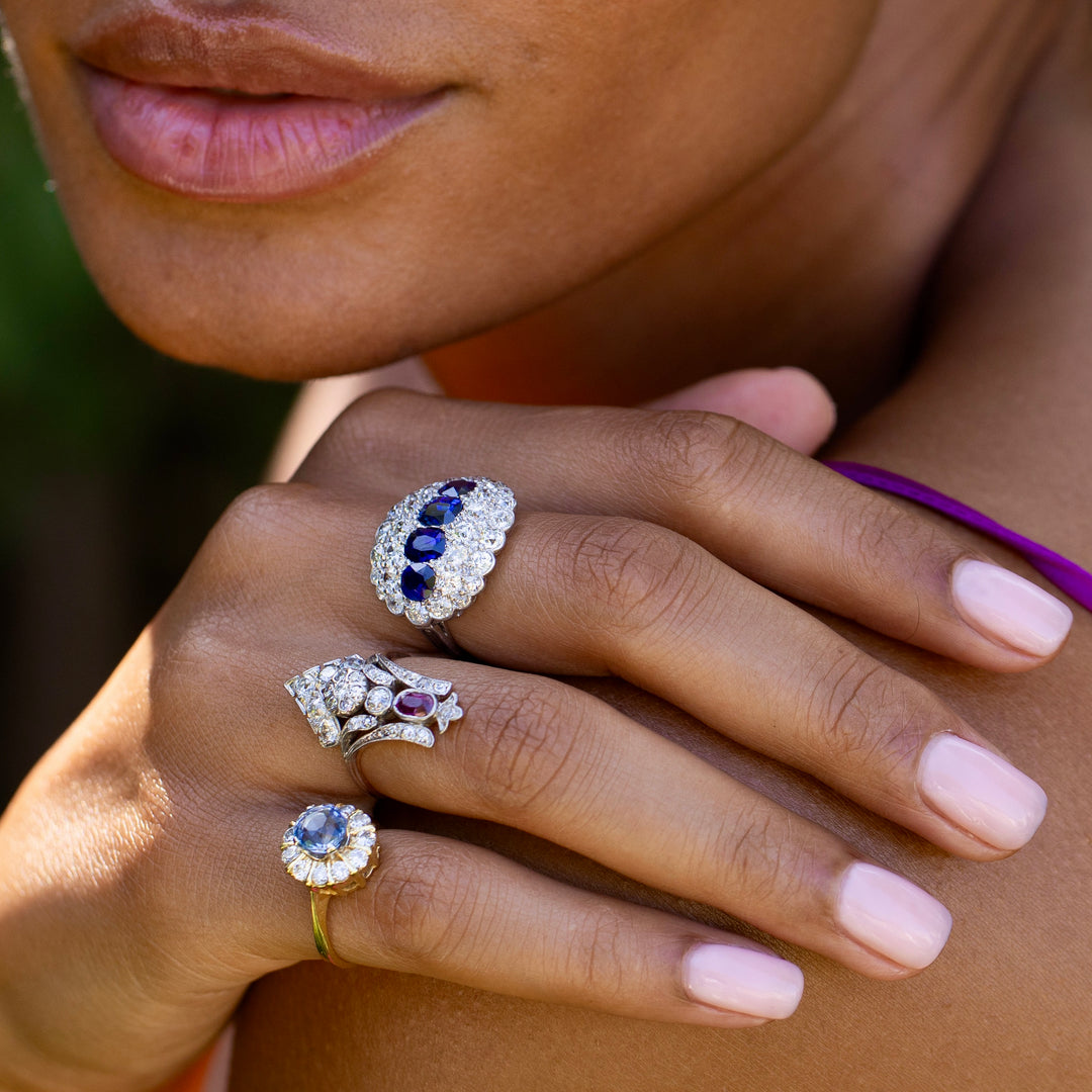 Sapphire, Diamond, and 18K Gold Cluster Ring