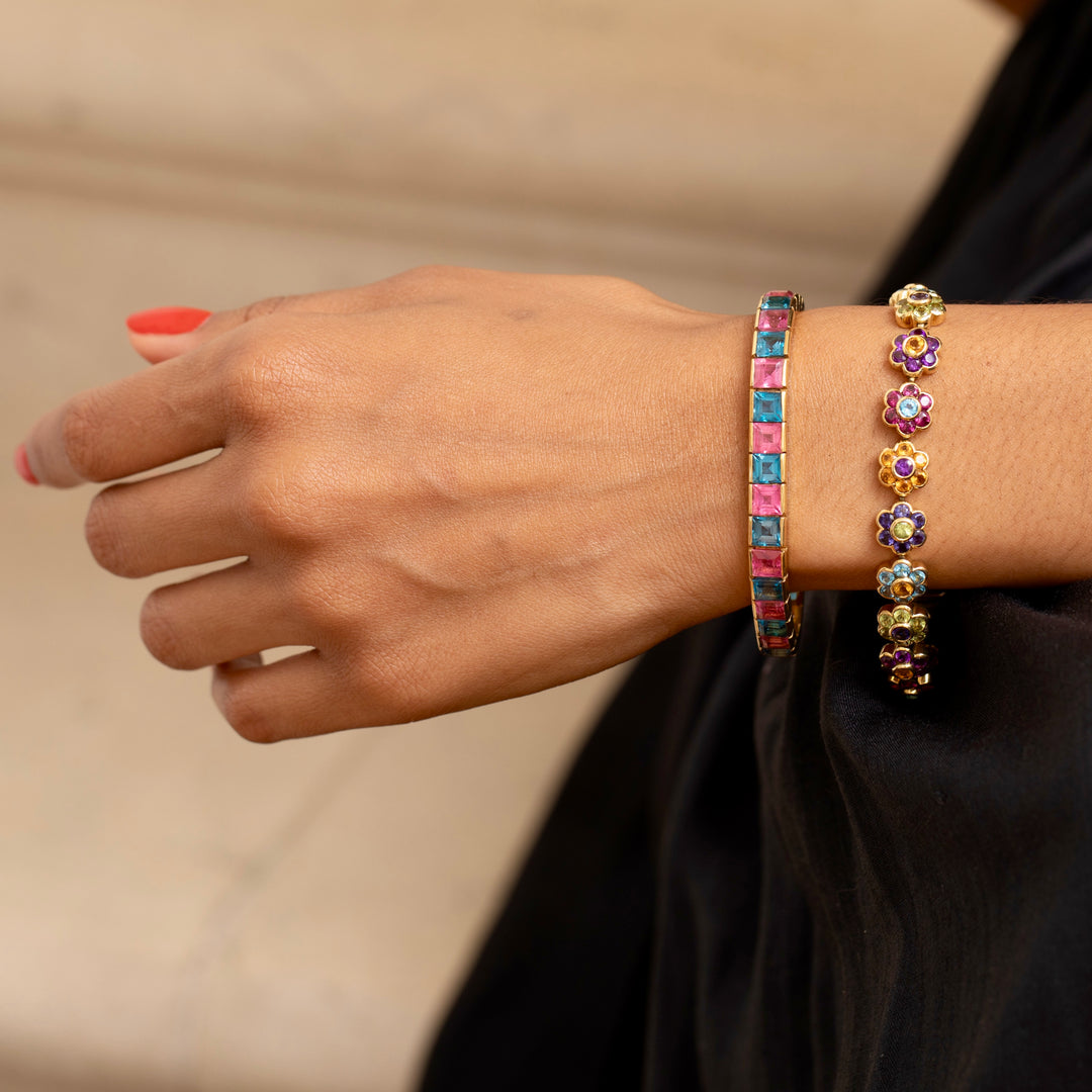 Blue Topaz, Pink Tourmaline, and 18K Gold Line Bracelet