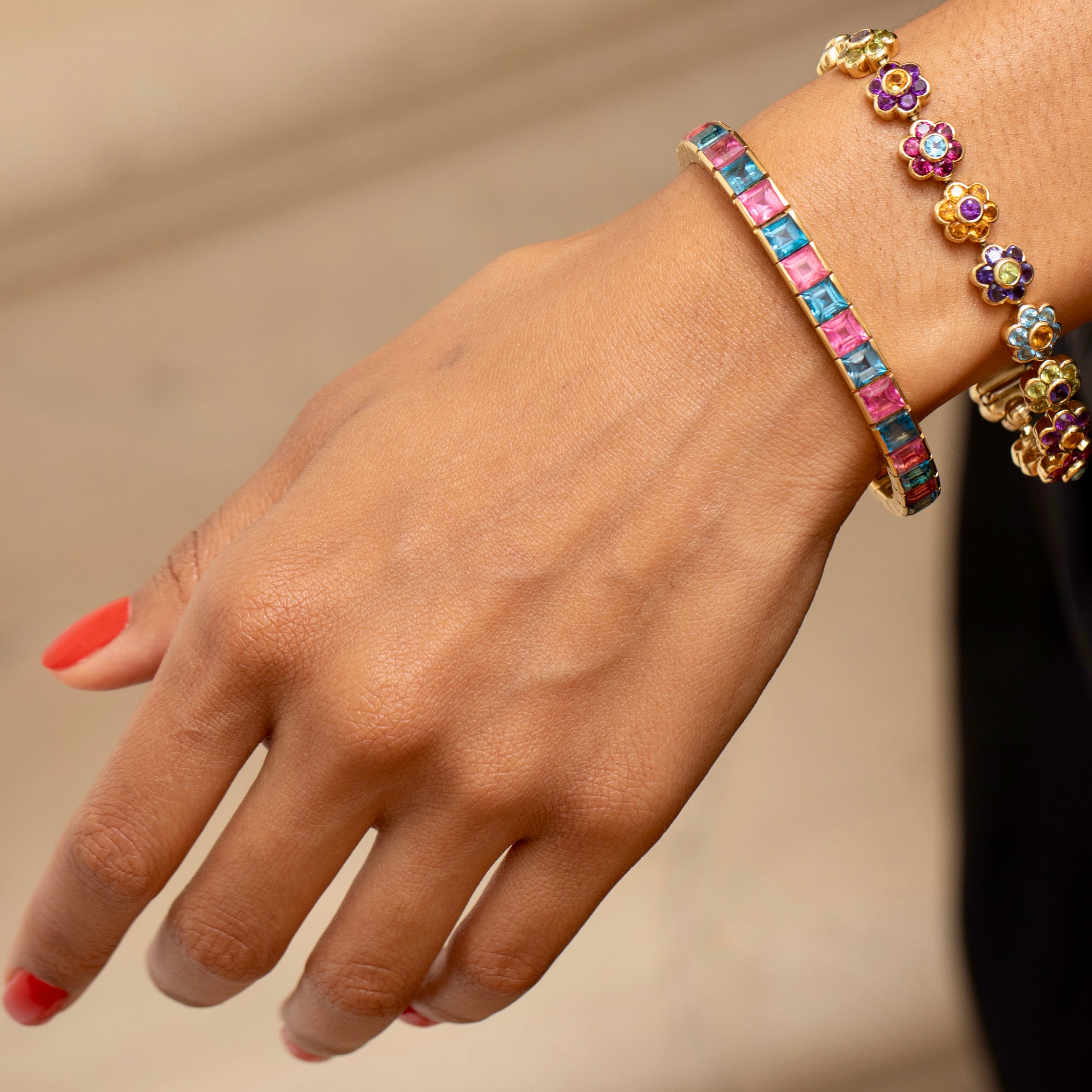 Blue Topaz, Pink Tourmaline, and 18K Gold Line Bracelet