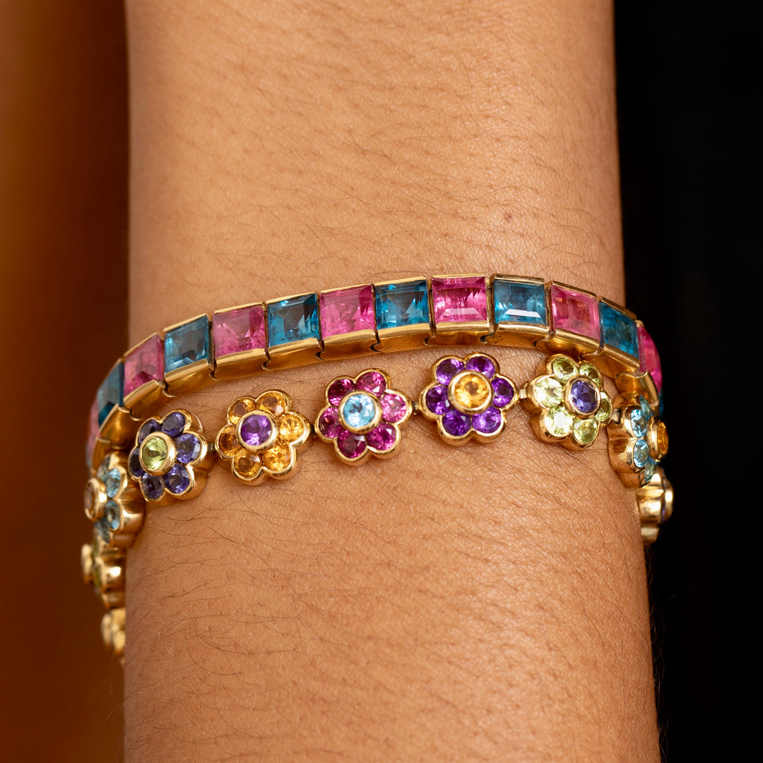 Blue Topaz, Pink Tourmaline, and 18K Gold Line Bracelet