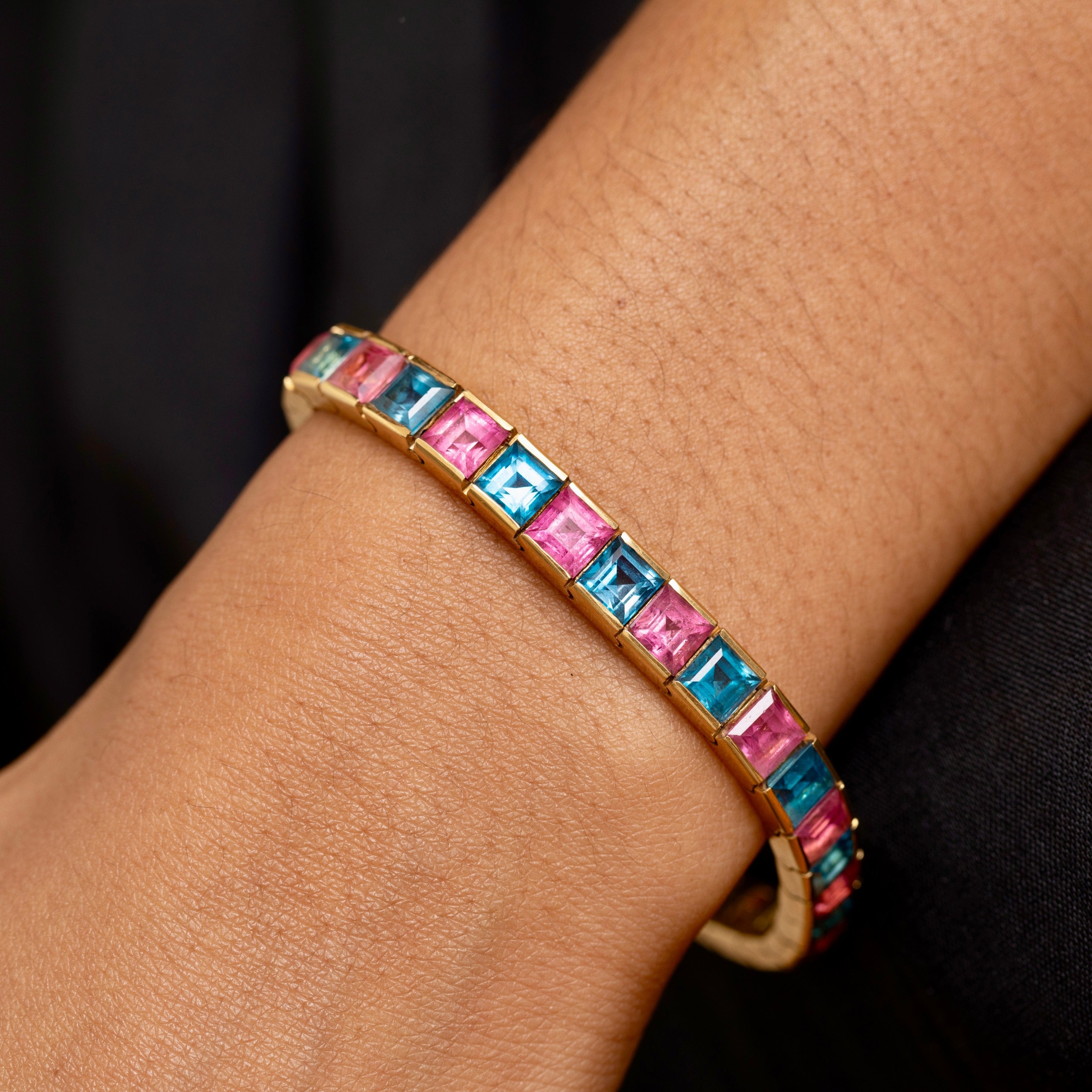 Blue Topaz, Pink Tourmaline, and 18K Gold Line Bracelet