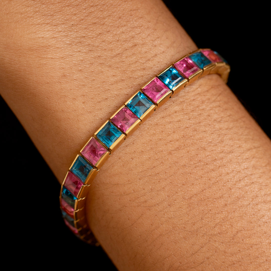 Blue Topaz, Pink Tourmaline, and 18K Gold Line Bracelet