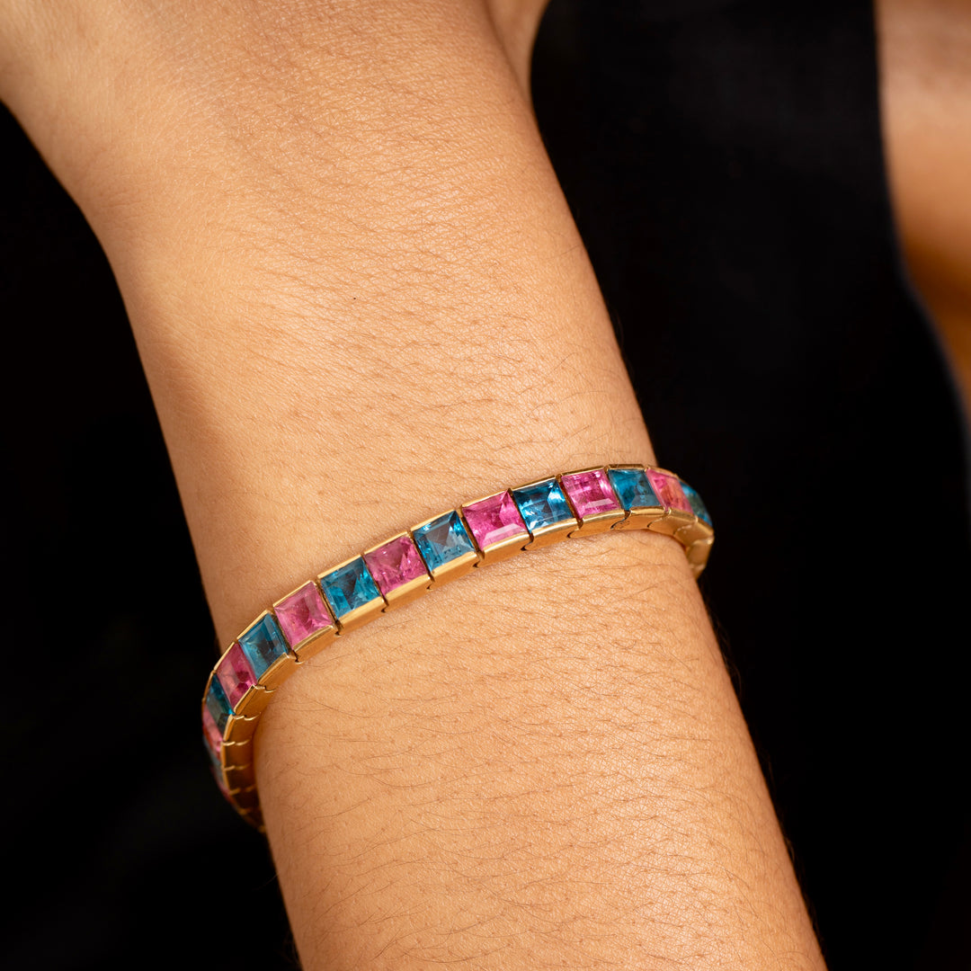 Blue Topaz, Pink Tourmaline, and 18K Gold Line Bracelet