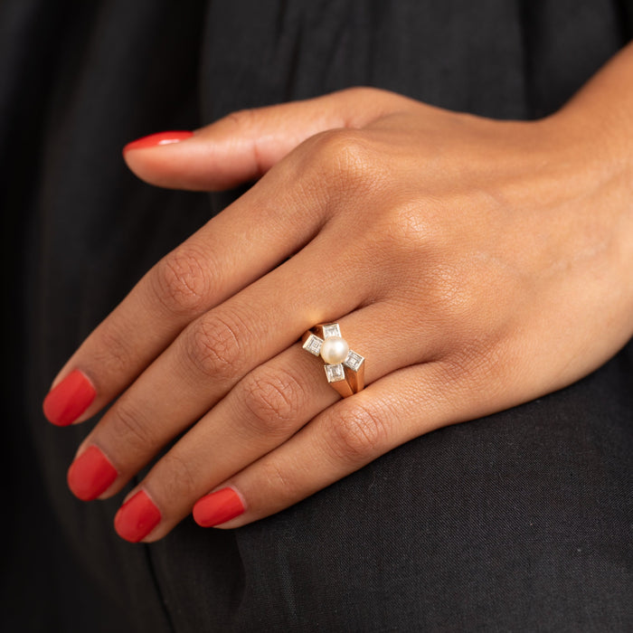 Retro Pearl, Diamond, and 14K Gold Ring