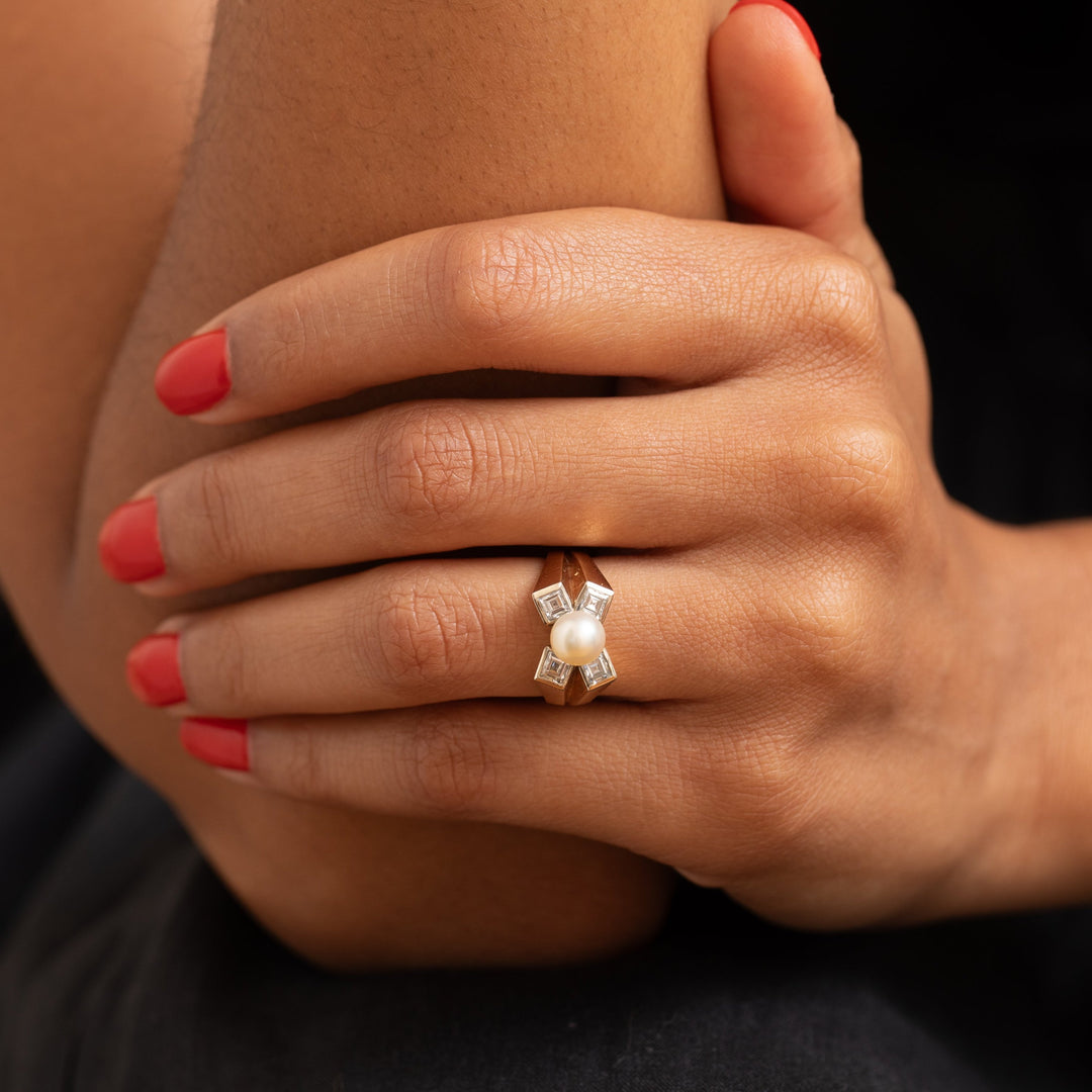 Retro Pearl, Diamond, and 14K Gold Ring