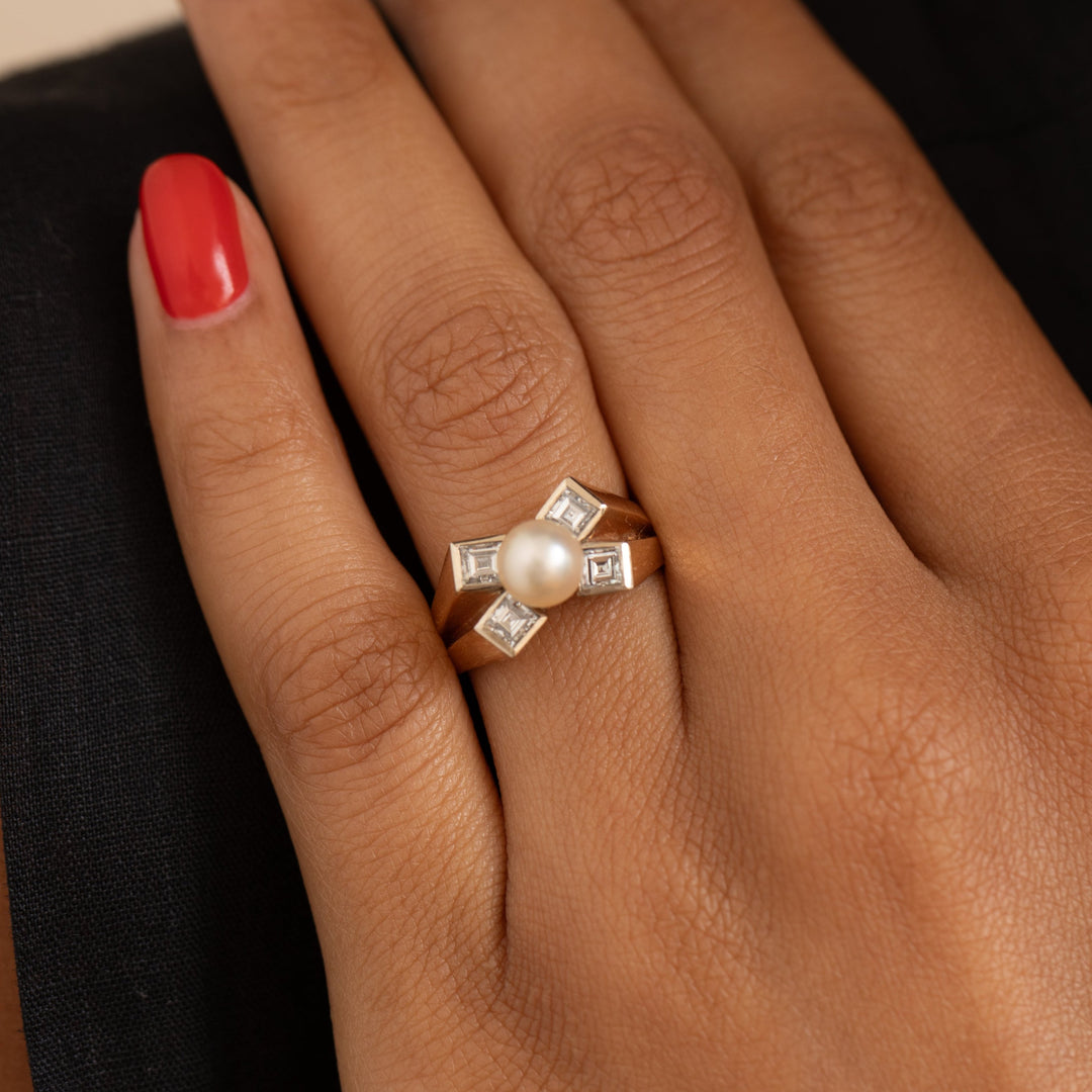 Retro Pearl, Diamond, and 14K Gold Ring