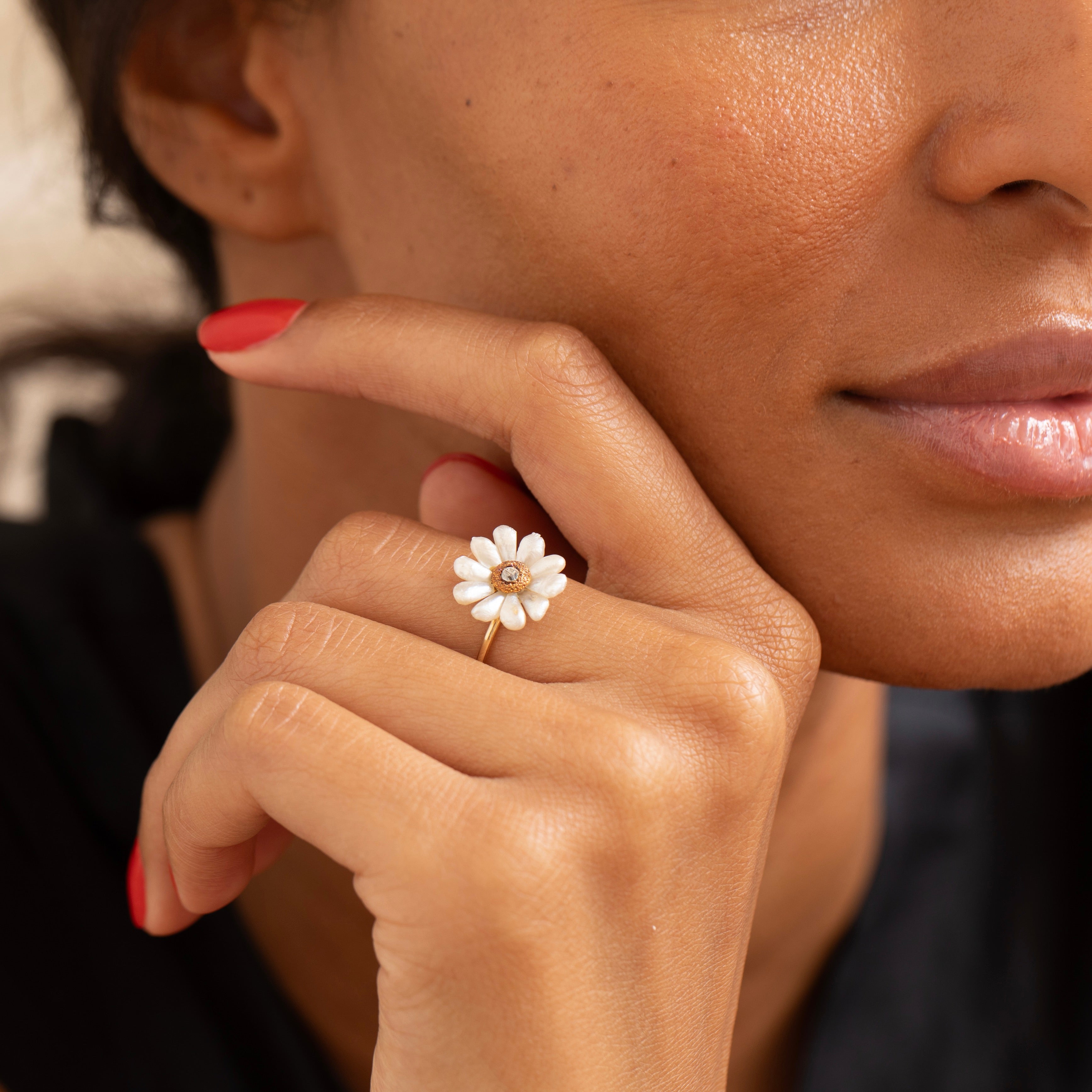 Pearl, Diamond, and 14K Gold Flower Ring