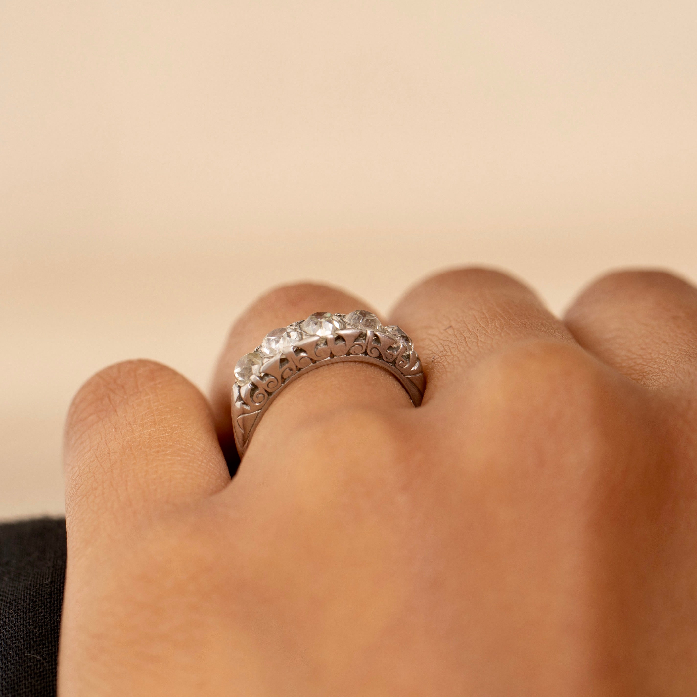 Old Mine Cut Five-Stone Diamond and Platinum Ring