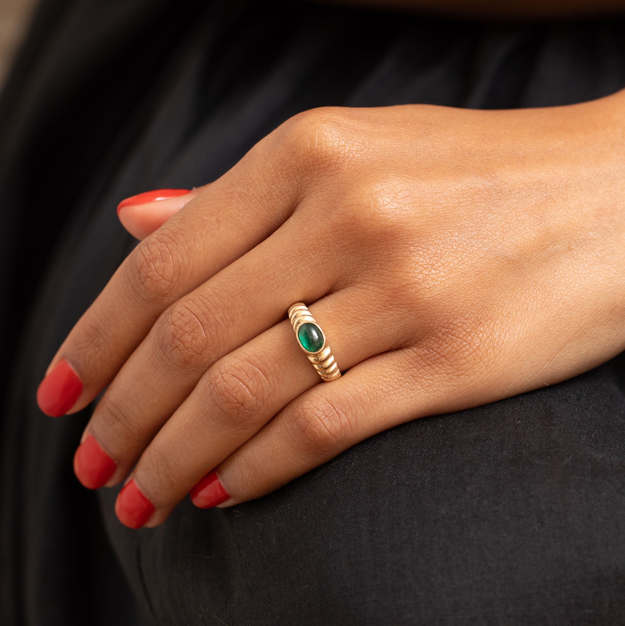 Emerald Cabochon and 14K Gold Ring