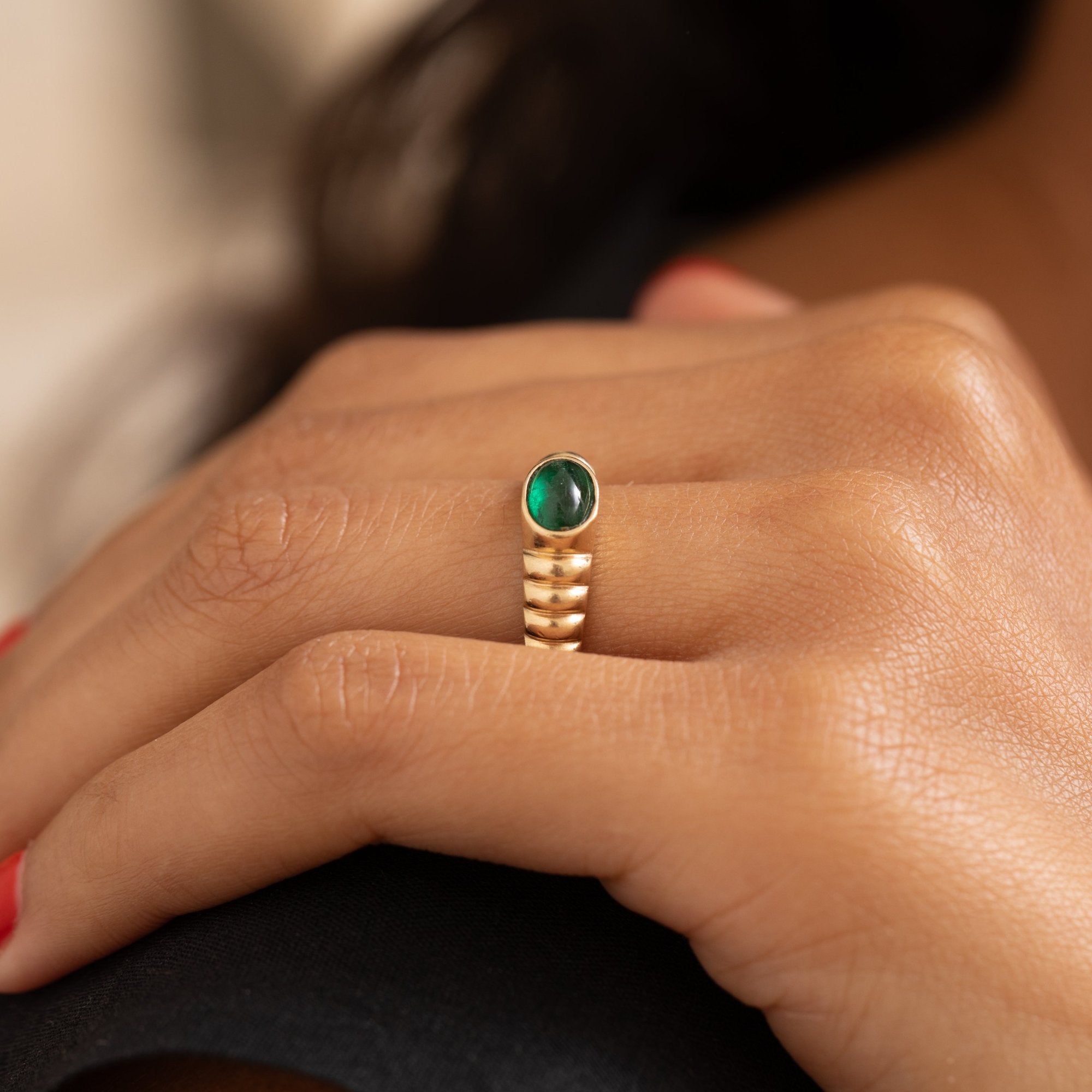 Emerald Cabochon and 14K Gold Ring