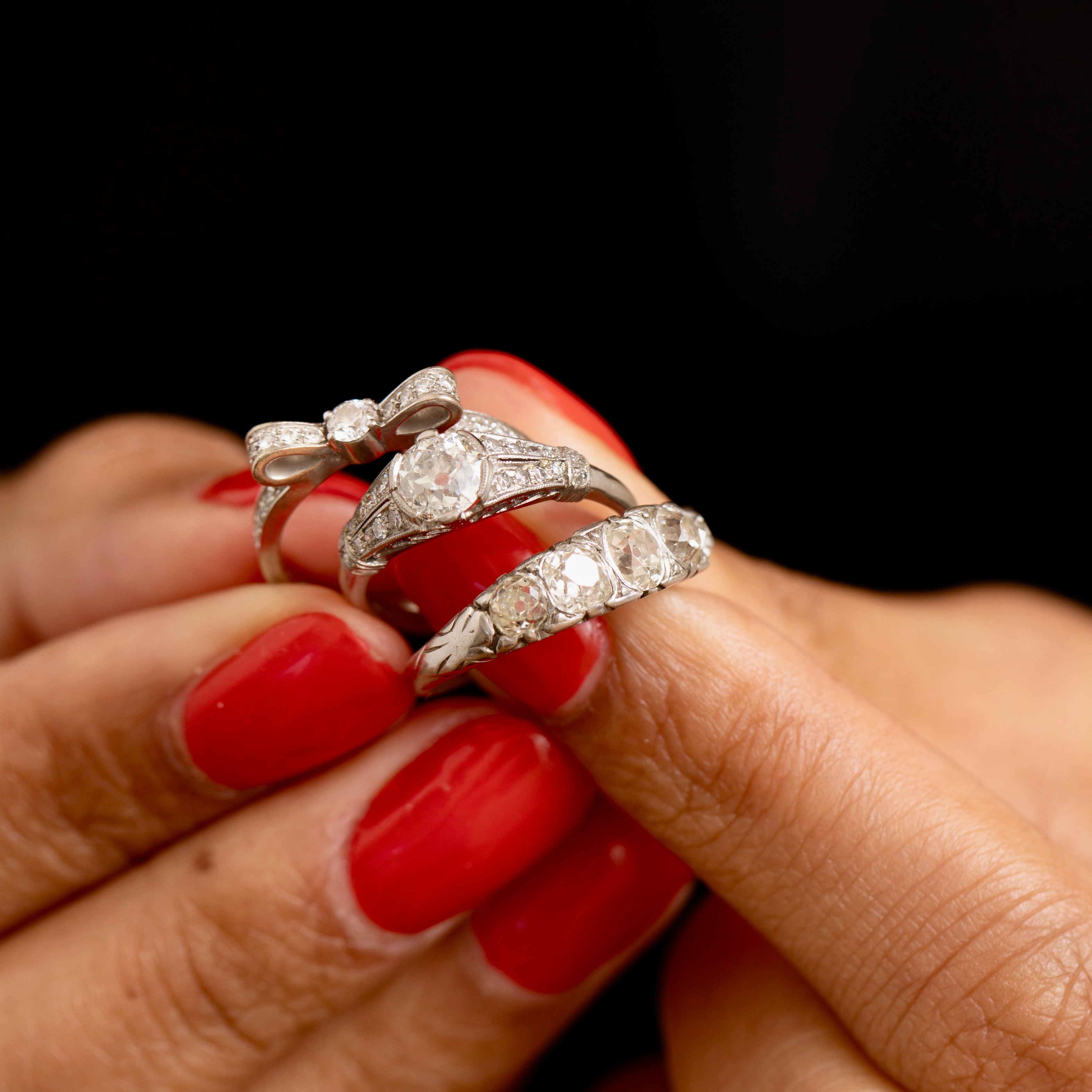 Old Mine Cut Five-Stone Diamond and Platinum Ring