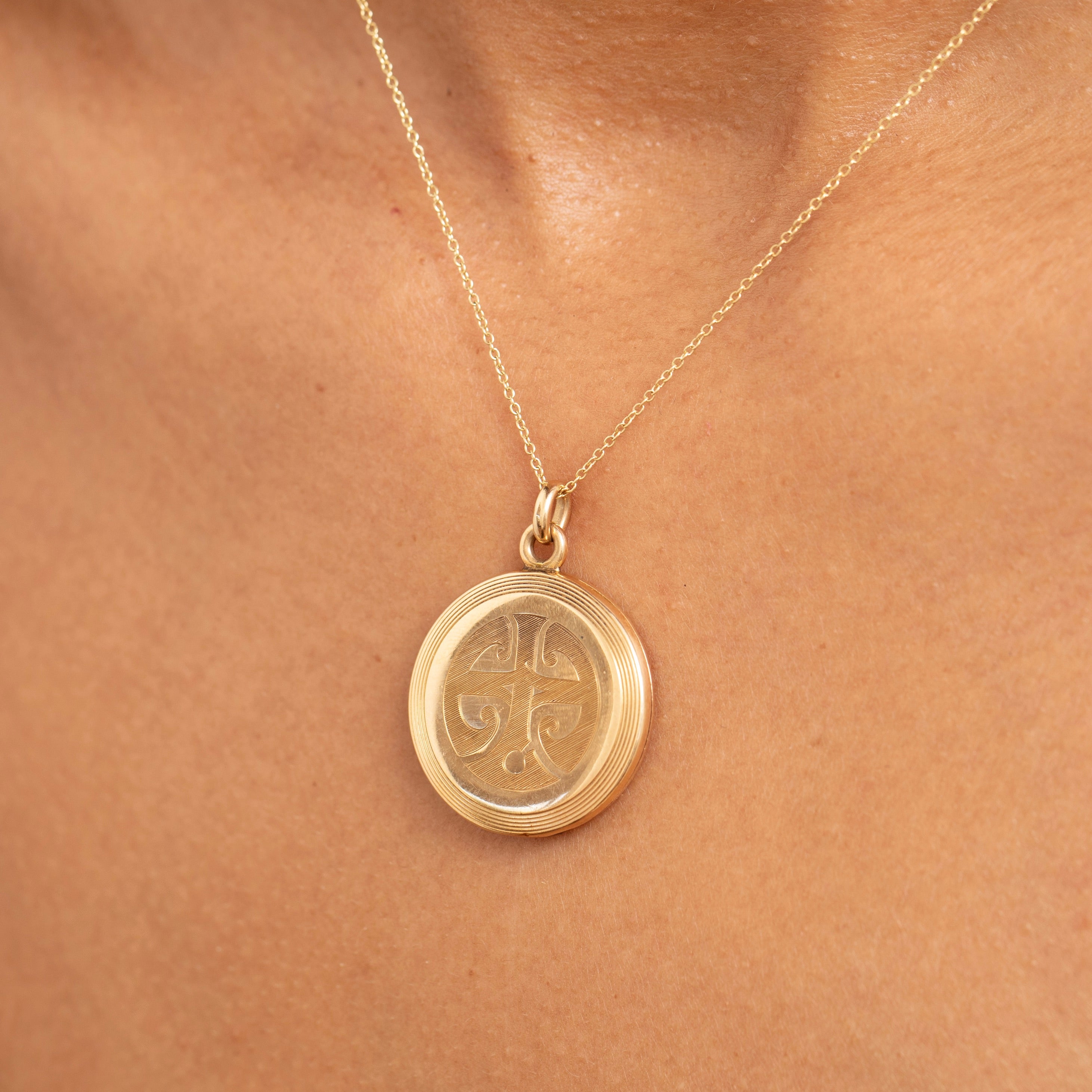 Arts & Crafts Engraved 14K Gold Round Locket Necklace