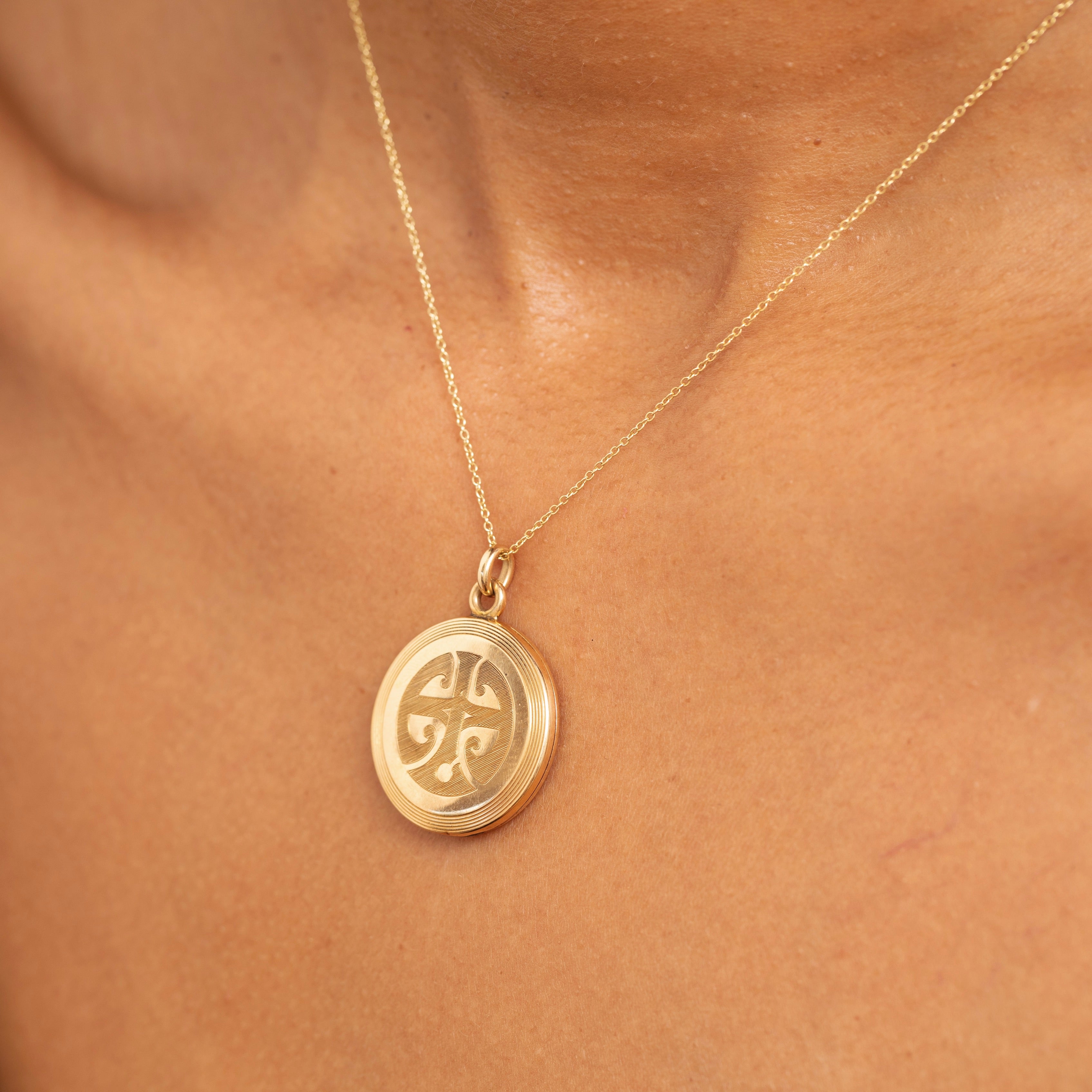 Arts & Crafts Engraved 14K Gold Round Locket Necklace