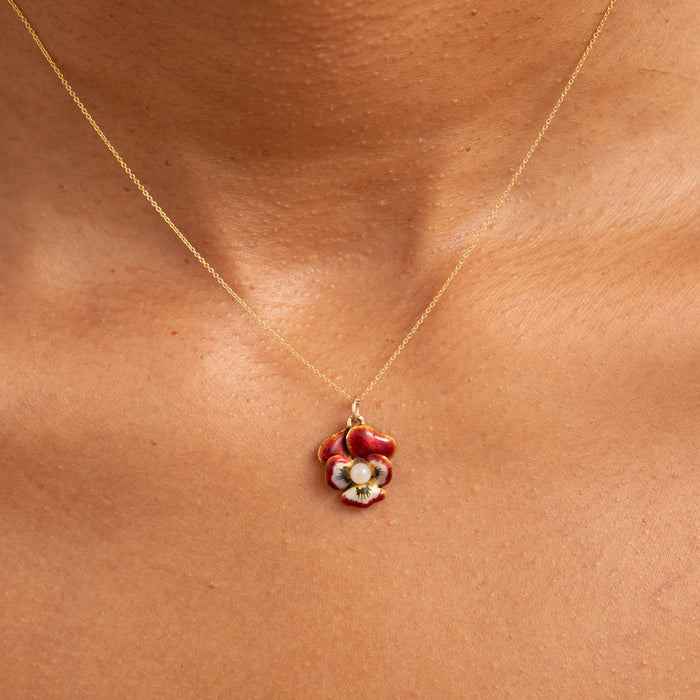 Red Enamel, Pearl, and 14K Gold Pansy Charm