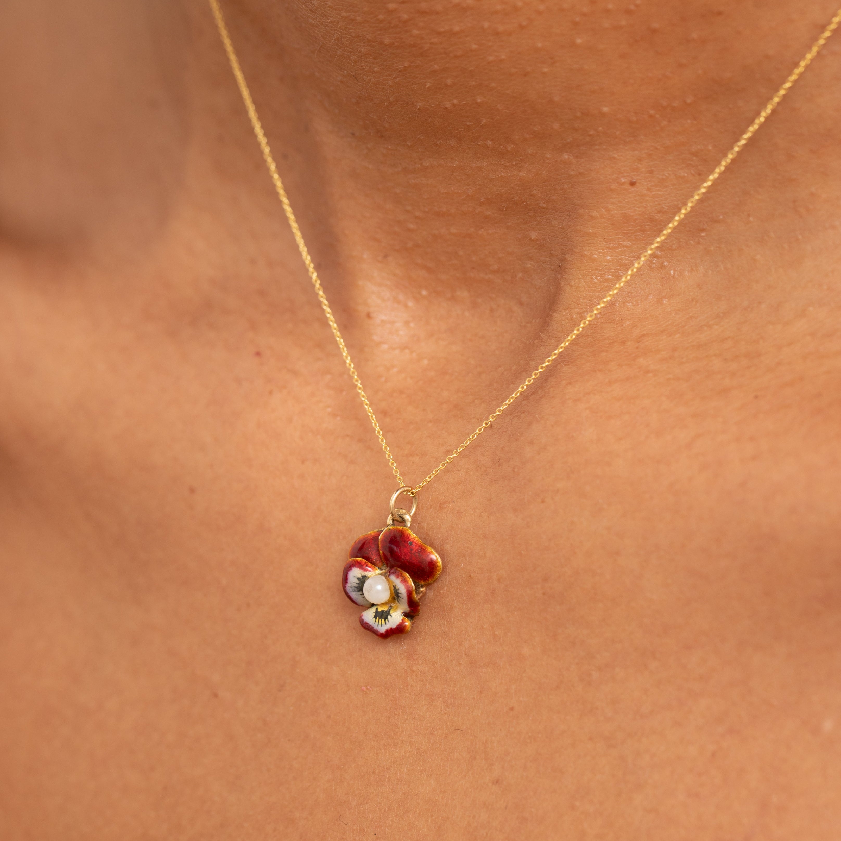 Red Enamel, Pearl, and 14K Gold Pansy Charm