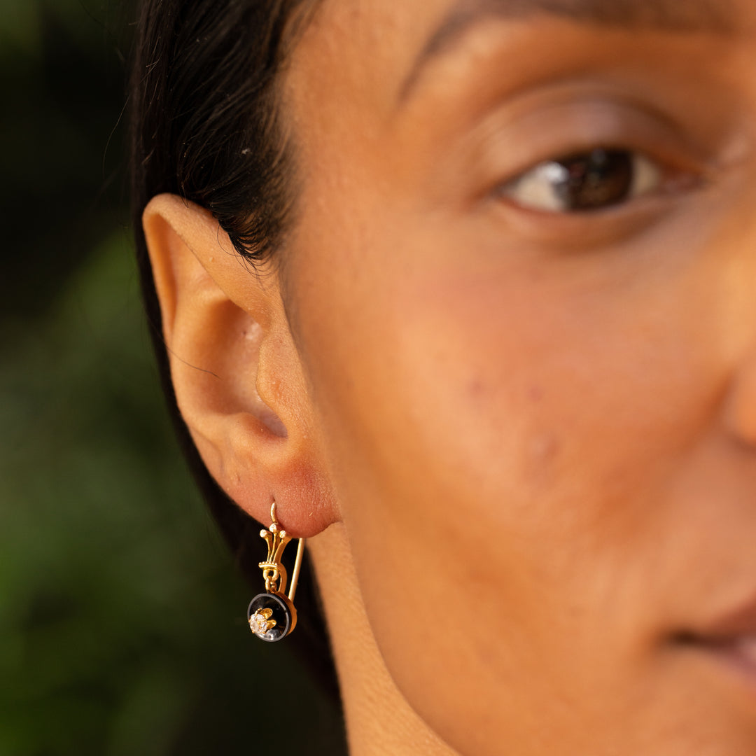 Victorian Onyx, Diamond, and 14k Gold Dangle Earrings