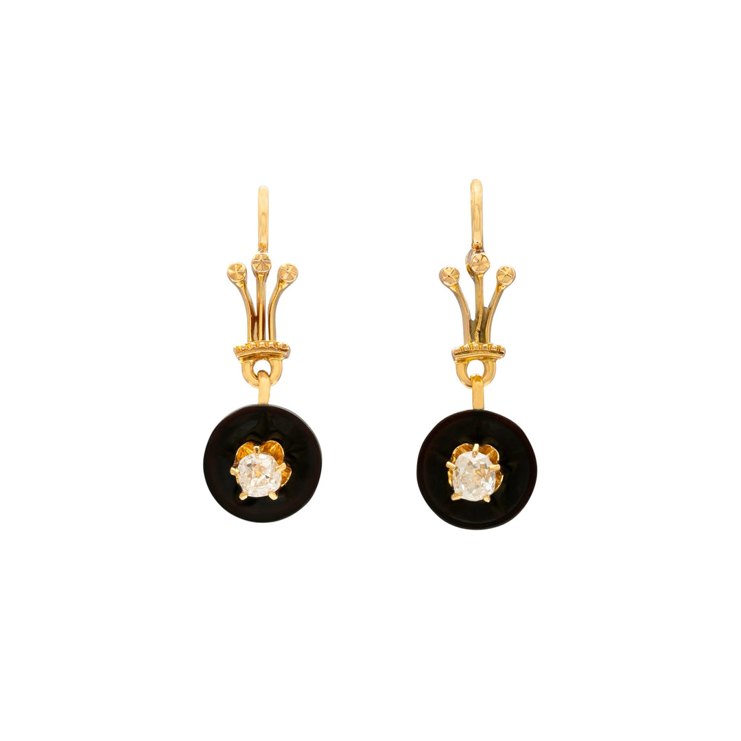 Victorian Onyx, Diamond, and 14k Gold Dangle Earrings