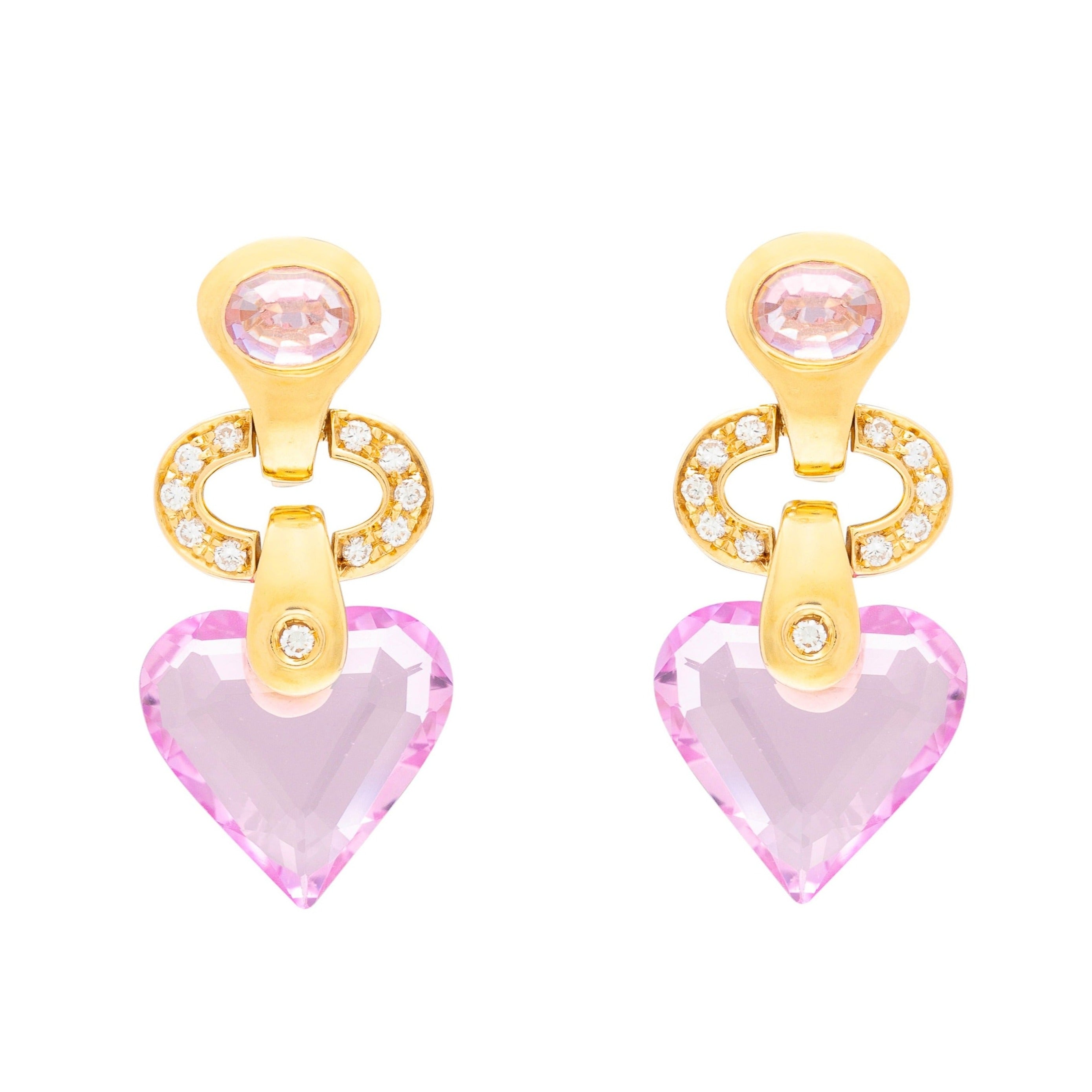 Diamond, Kunzite, and 18k Gold Heart Earrings