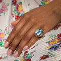 Large Retro Aquamarine, Diamond, 14K Gold, and Platinum Ring
