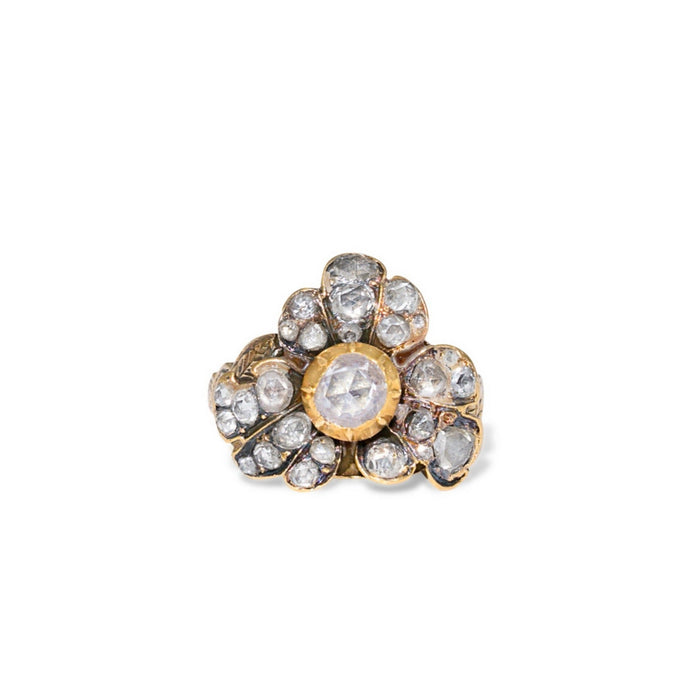 Victorian Rose Cut Diamond, 14k Gold, And Silver Floral Ring
