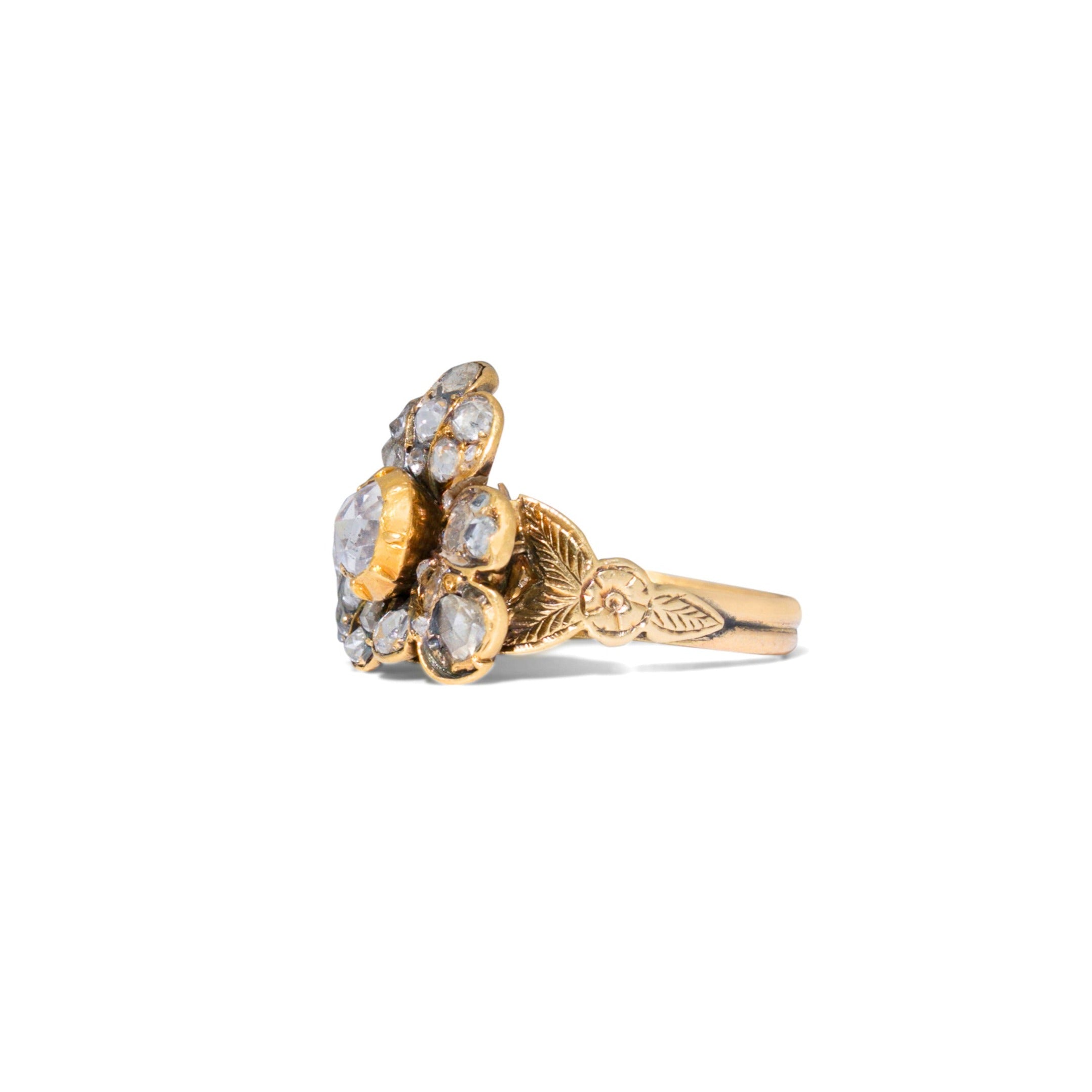 Victorian Rose Cut Diamond, 14k Gold, And Silver Floral Ring