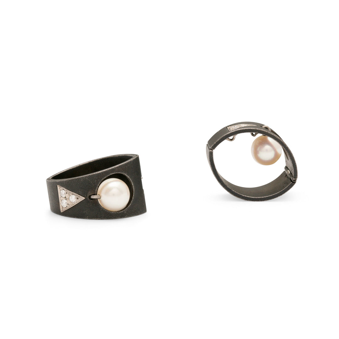 Marsh & Co. Blackened Steel, Diamond, and Pearl Clip Earrings