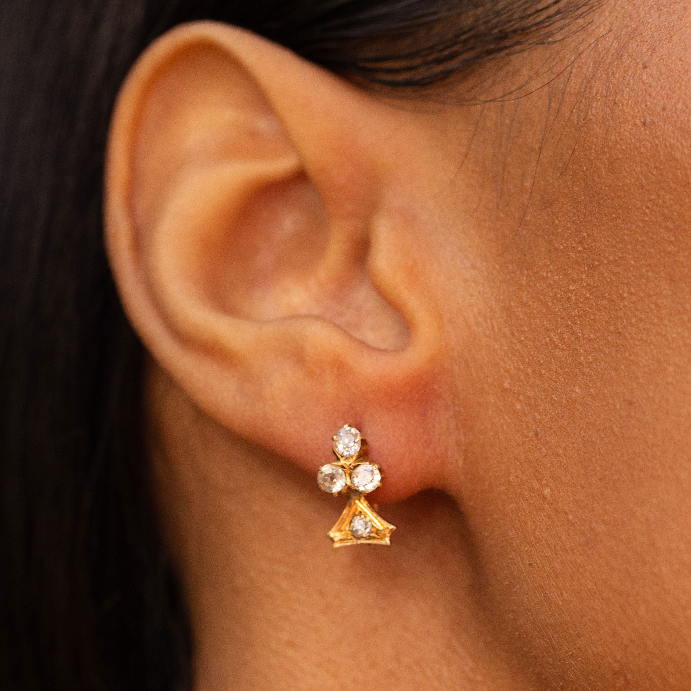 Victorian Old Mine Cut Diamond and 14K Gold Club Earrings