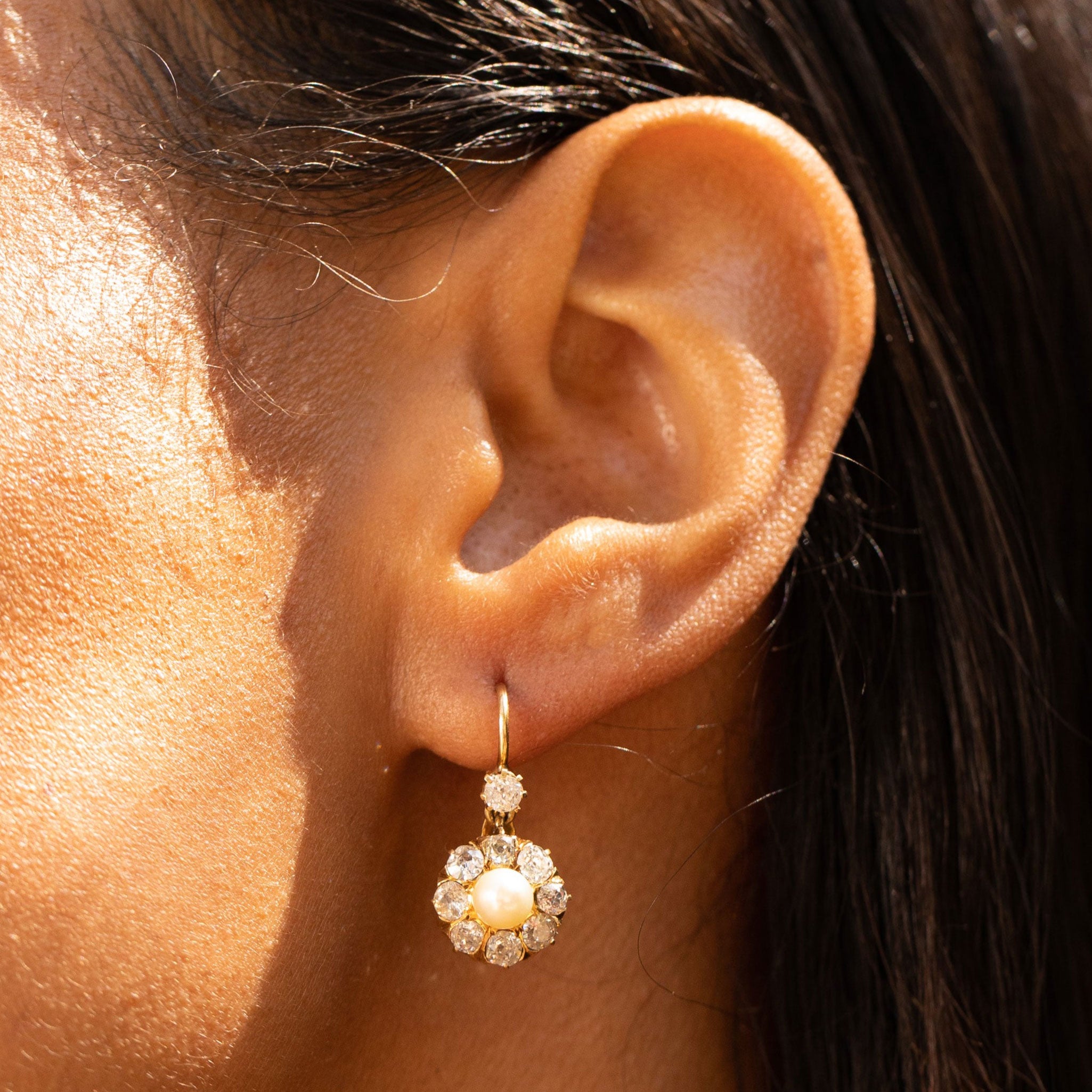 Victorian Old Mine Diamond, Pearl, and 14K Gold Cluster Earrings